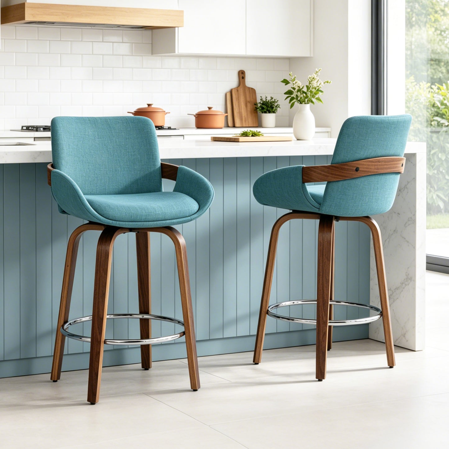 ClinQ Counter Height Swivel Bar Stools, Linen Fabric Upholstered 360° Rotating Chairs with Walnut Legs and Metal Footrest,