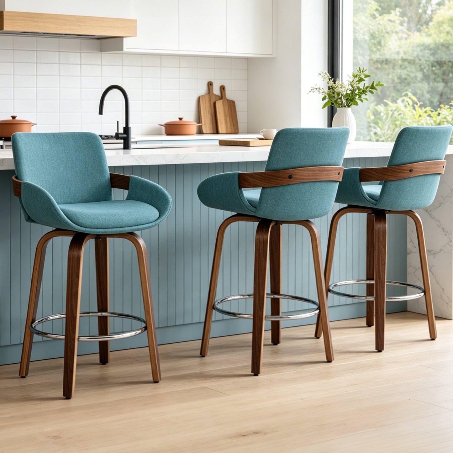 ClinQ Counter Height Swivel Bar Stools, Linen Fabric Upholstered 360° Rotating Chairs with Walnut Legs and Metal Footrest,