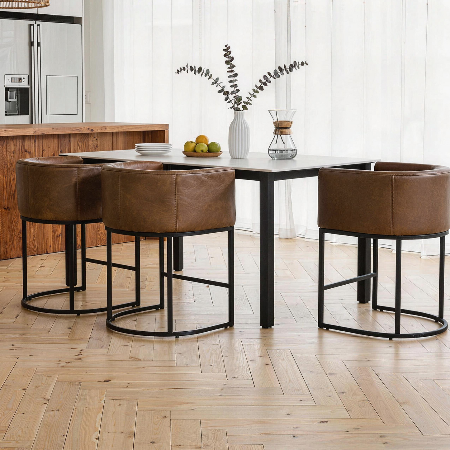 ClinQ 26" Counter Height Bar Stools Set of 3, PU Leather Barrel Bar Chairs with Back and Arms for Kitchen Island