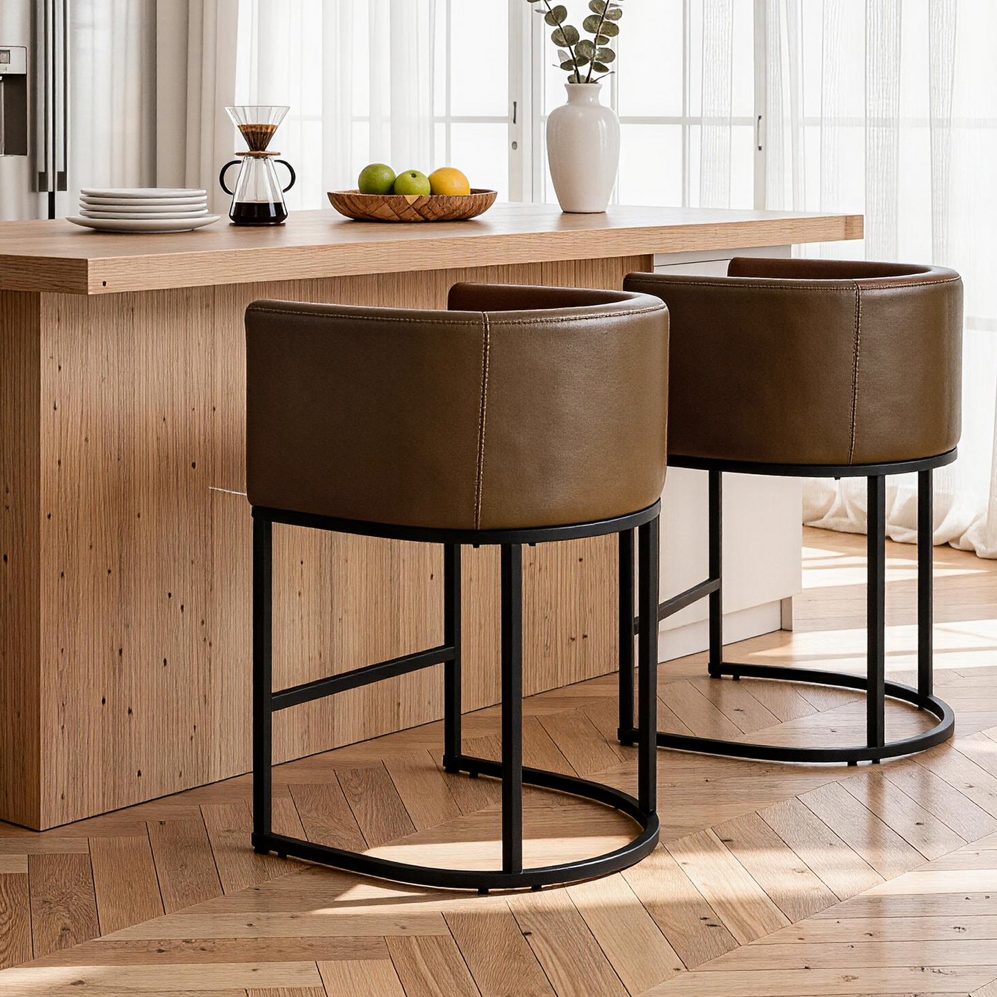 ClinQ 26" Counter Height Bar Stools Set of 3, PU Leather Barrel Bar Chairs with Back and Arms for Kitchen Island