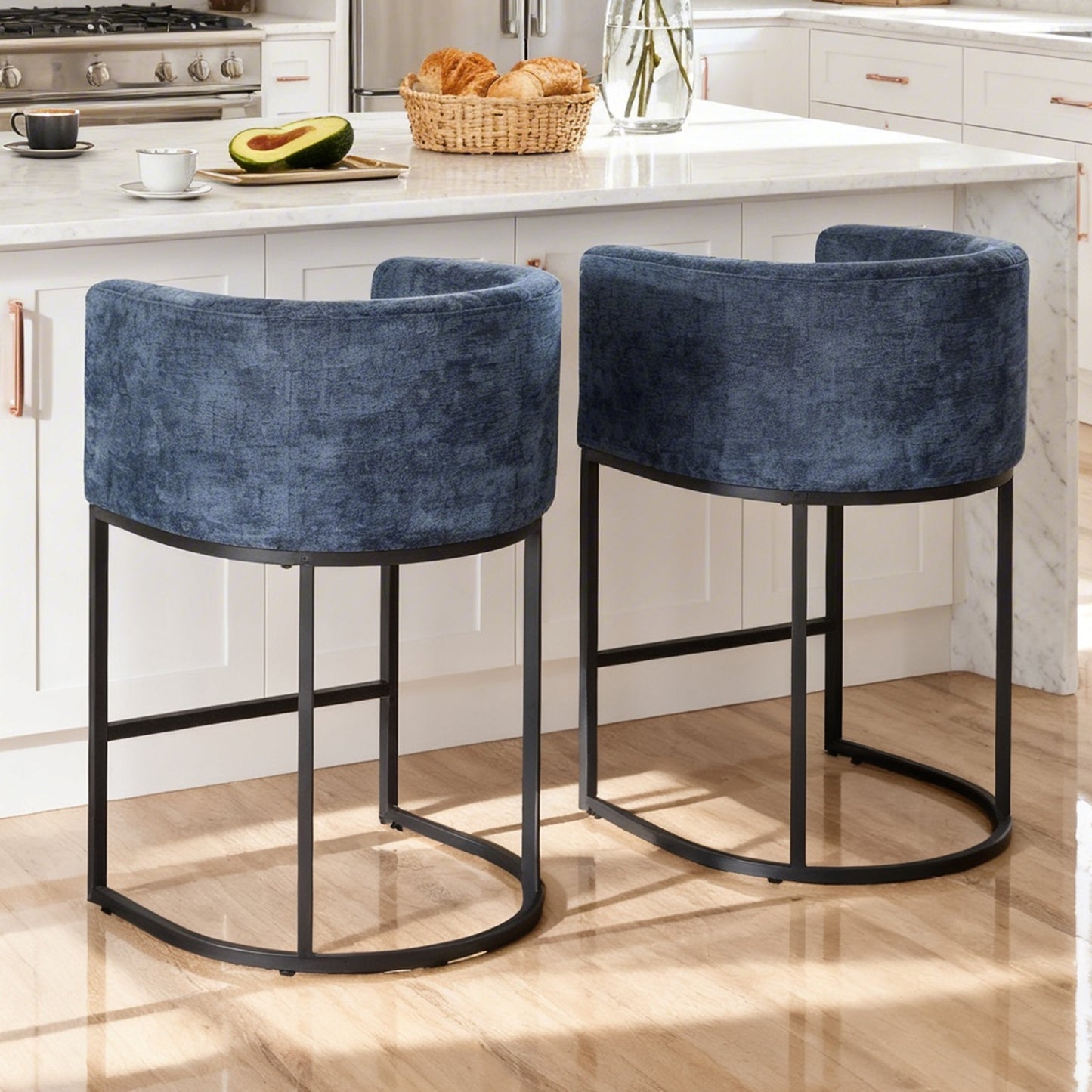 CRERIYO 26" Counter Height Bar Stools, Chenille Upholstered Modern Barrel Bar Chairs with Metal Frame