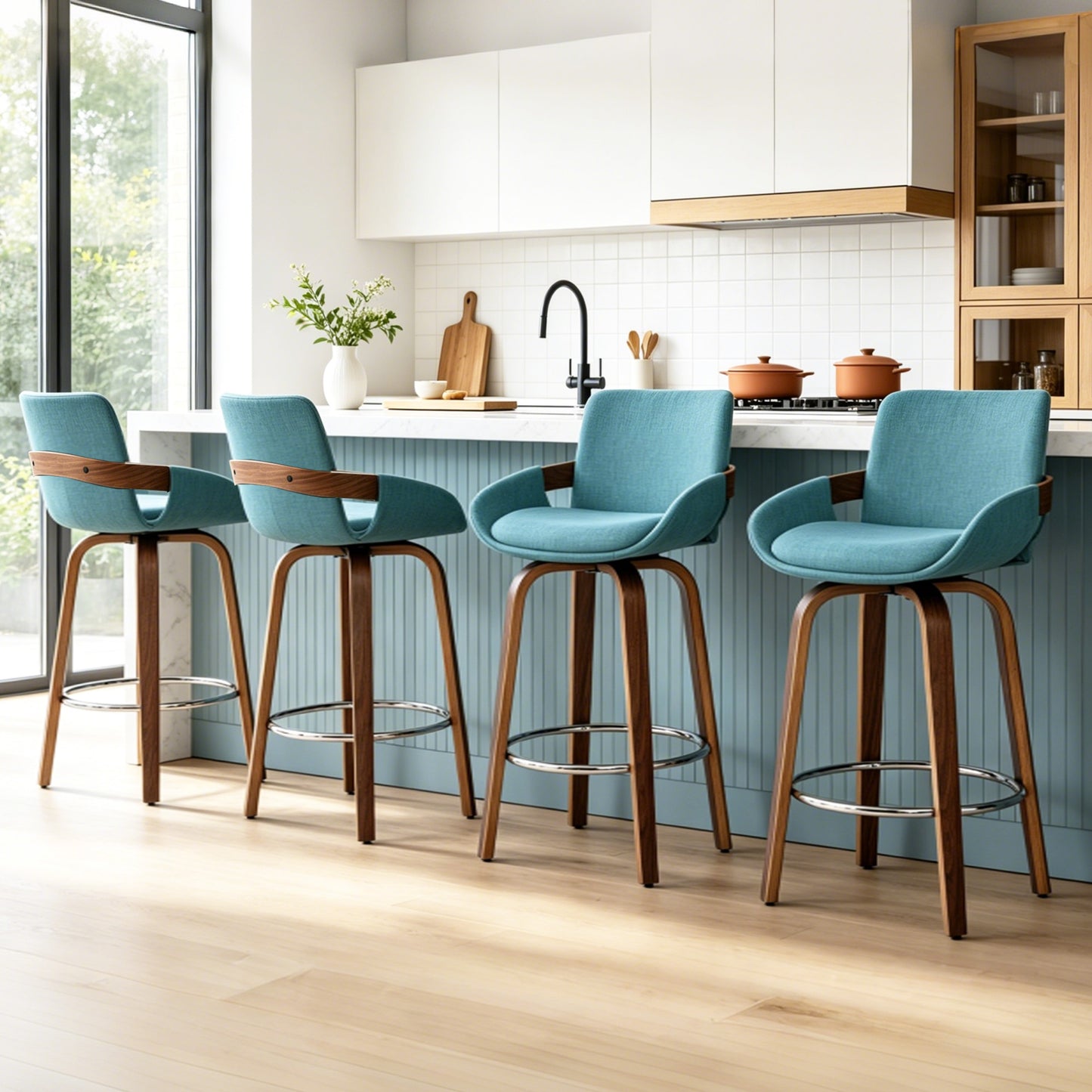 ClinQ Counter Height Swivel Bar Stools, Linen Fabric Upholstered 360° Rotating Chairs with Walnut Legs and Metal Footrest,