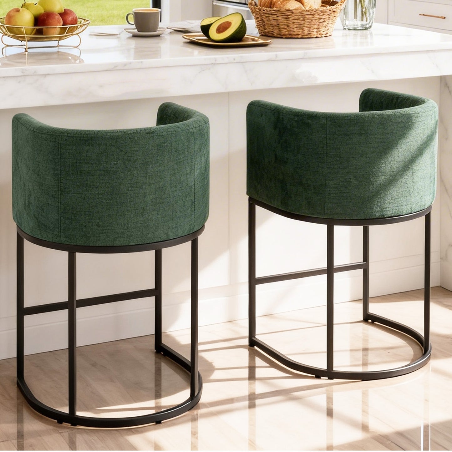CRERIYO 26" Counter Height Bar Stools, Chenille Upholstered Modern Barrel Bar Chairs with Metal Frame