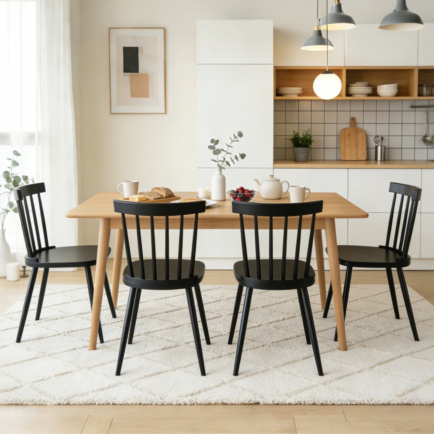Fancrou Farmhouse Windsor Dining Chairs Set of 4, Spindle Back Wood Chairs for Kitchen and Living Room, Country Style Restaurant Seating, Black