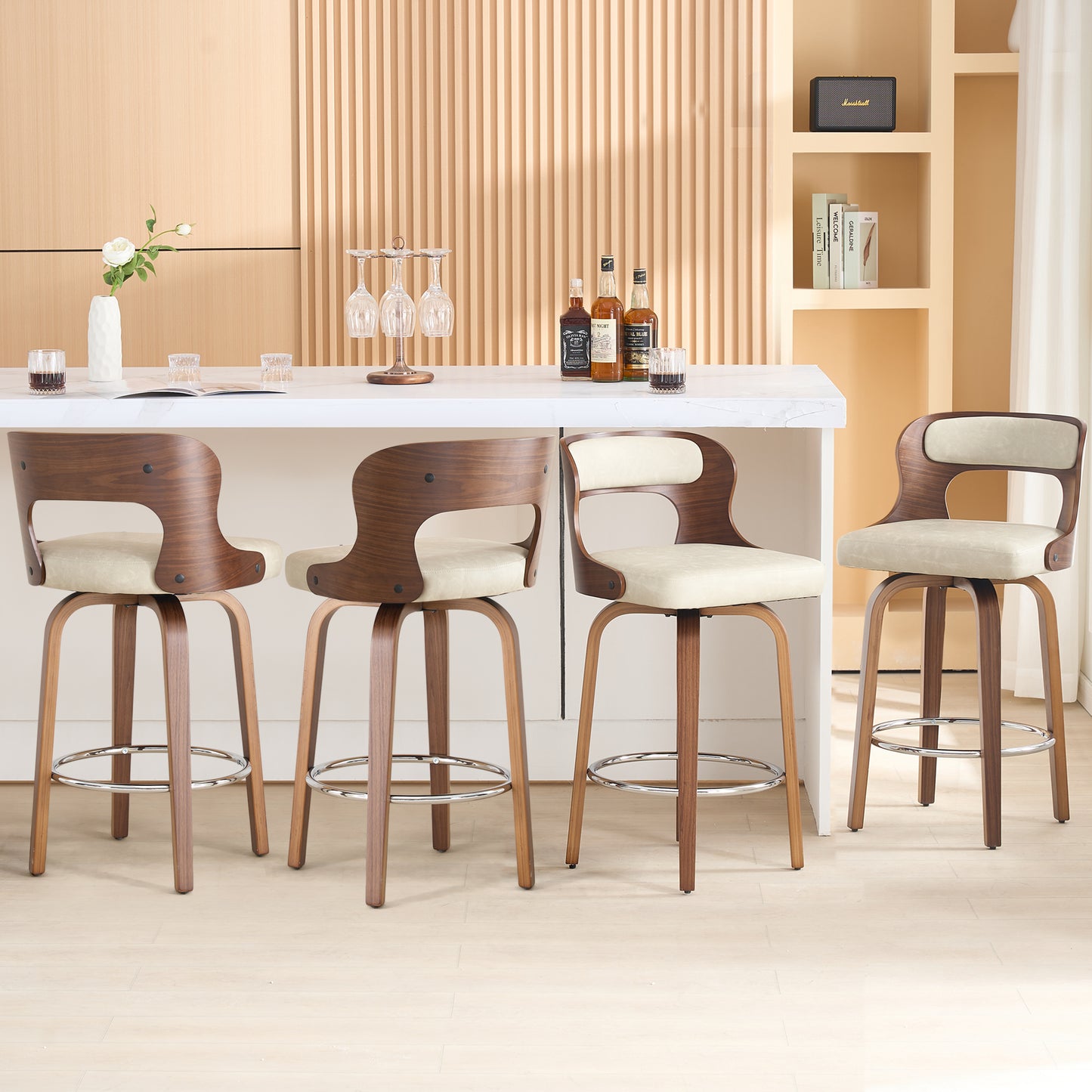 FANCROU 26 inch Swivel Counter Height Bar Stools Set Of 1, PU Leather Seat With Bentwood Back And Legs