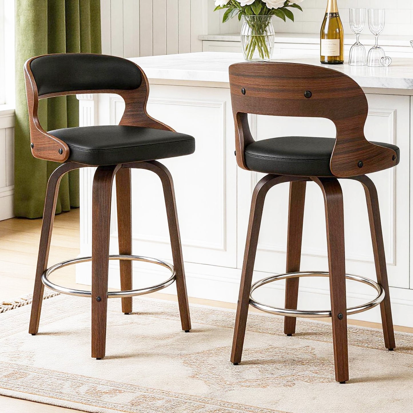 27 inch Swivel Counter Height Bar Stools, PU Leather Seat with Bentwood Legs and Metal Silver Ring for Kitchen Island