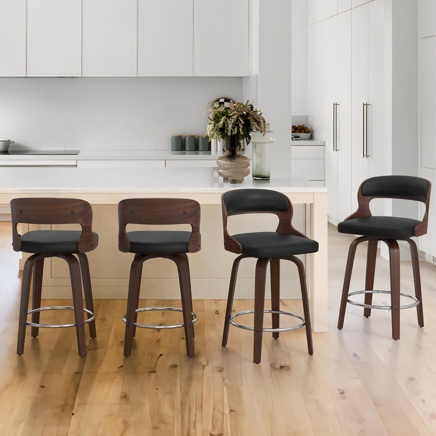 FANCROU 26 inch Swivel Counter Height Bar Stools Set Of 1, PU Leather Seat With Bentwood Back And Legs