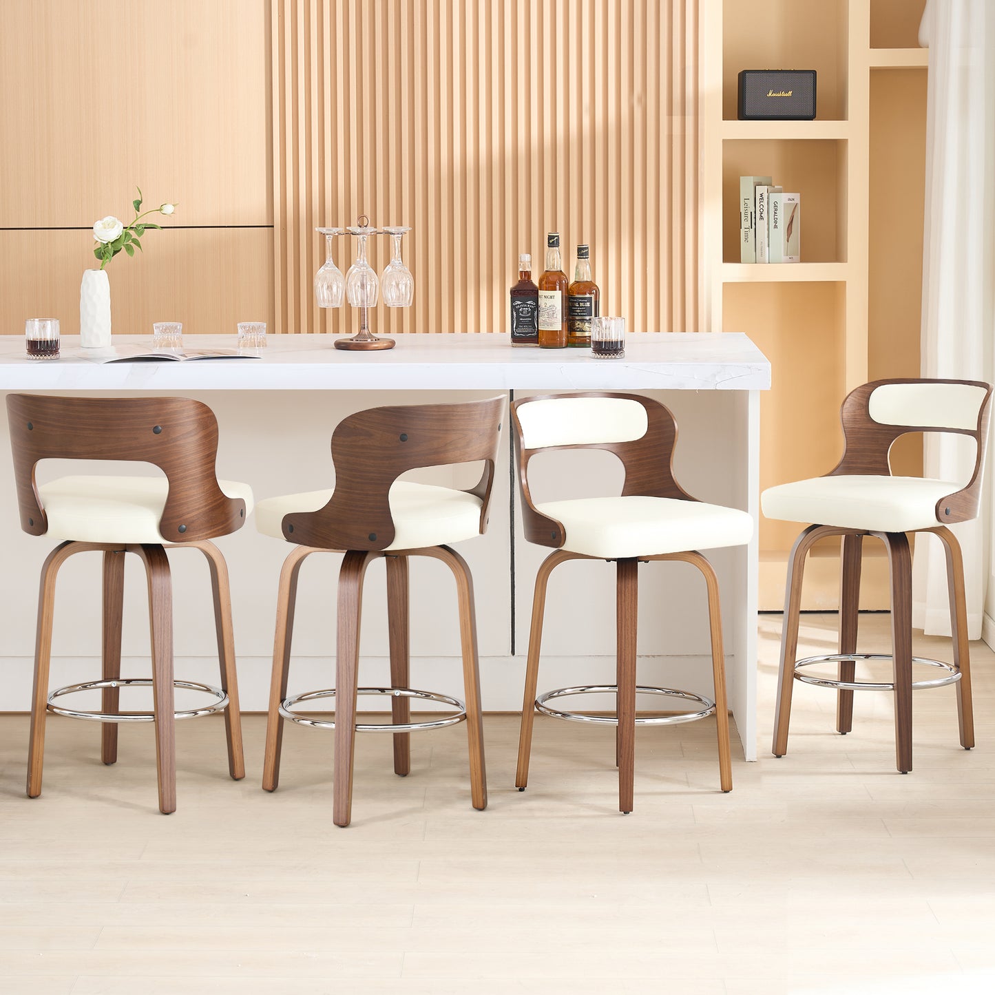 FANCROU 26 inch Swivel Counter Height Bar Stools Set Of 1, PU Leather Seat With Bentwood Back And Legs