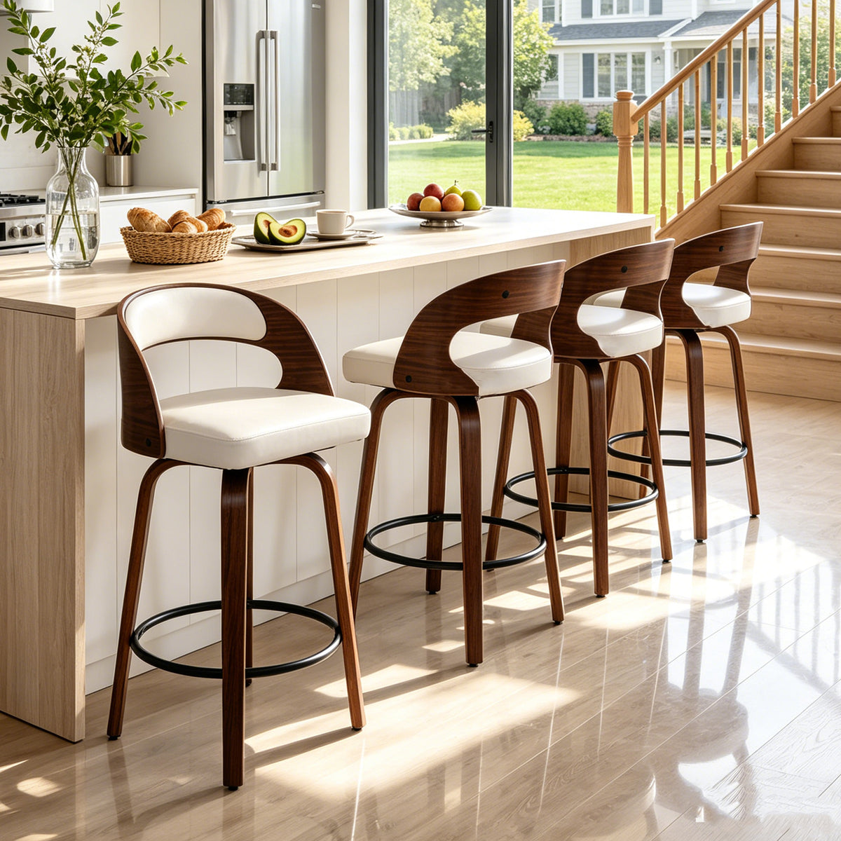 ClinQ Modern Walnut 360° Swivel Bar Stool Set of 3, Counter Height Kitchen Island Chair with Silver Footrest Ring,Upholstered Seat and Open Back