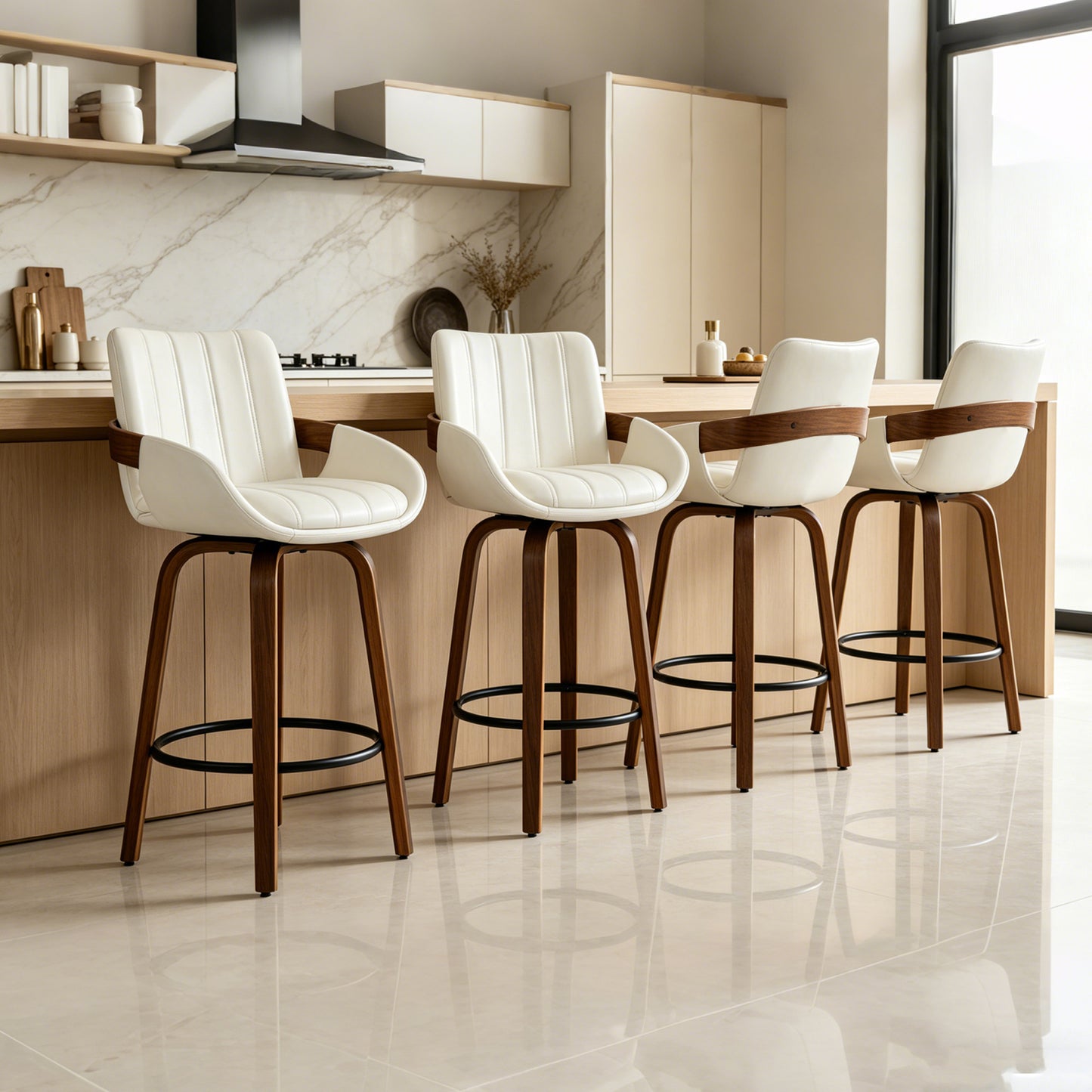 CRERIYO 26" Swivel Counter Height Bar Stools, PU Leather Upholstered Bar Chairs with Black Ring Footrest and Walnut Wood Legs, Beige