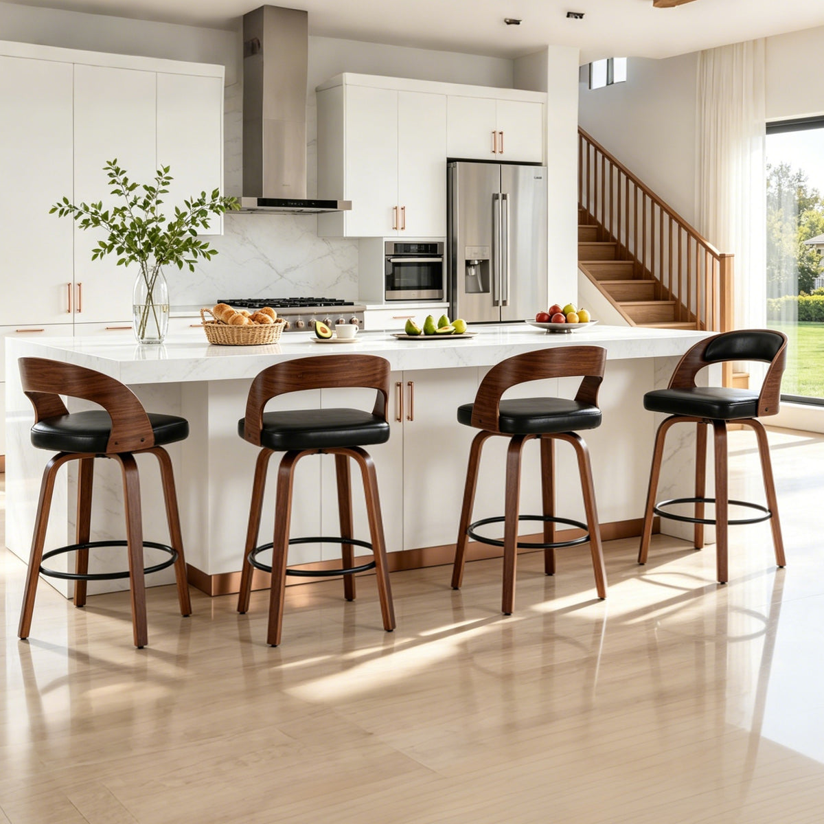 ClinQ Modern Walnut 360° Swivel Bar Stool Set of 3, Counter Height Kitchen Island Chair with Silver Footrest Ring,Upholstered Seat and Open Back