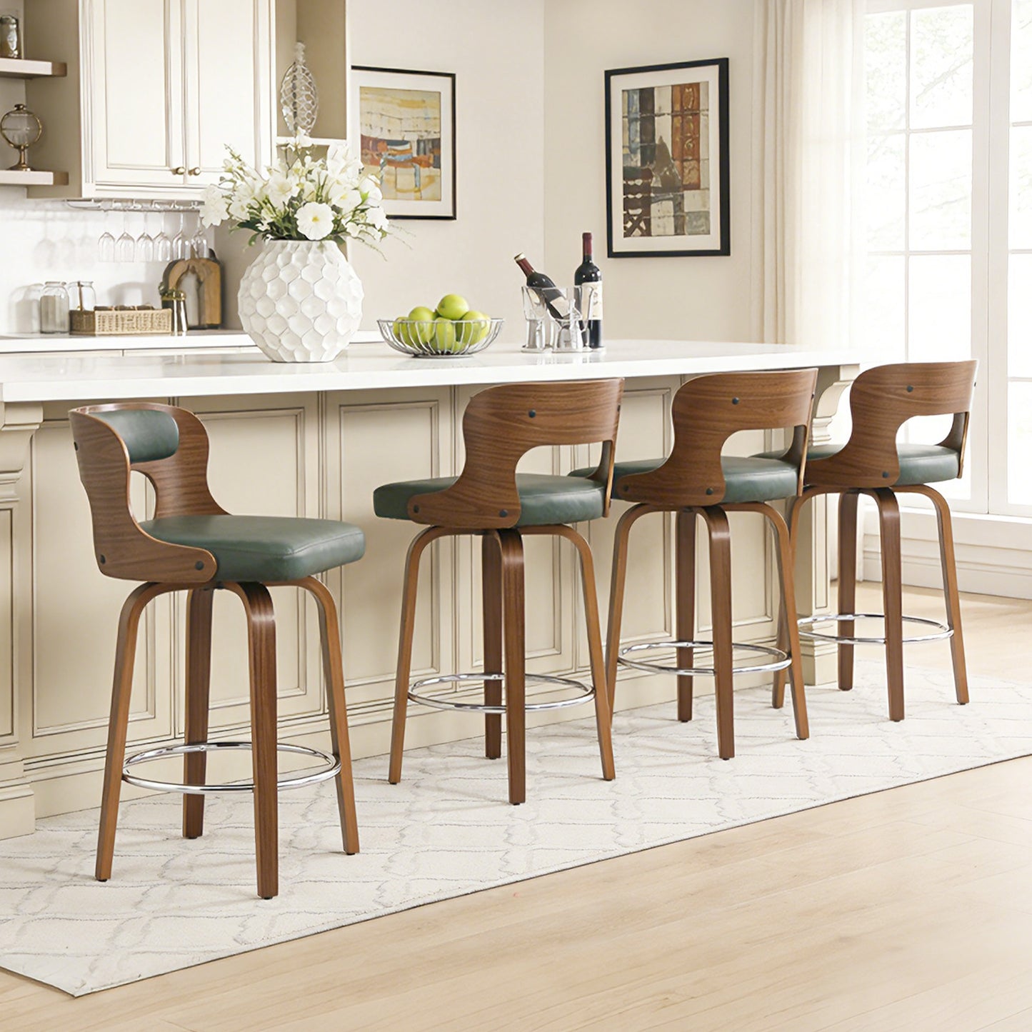 27 inch Swivel Counter Height Bar Stools, PU Leather Seat with Bentwood Legs and Metal Silver Ring for Kitchen Island