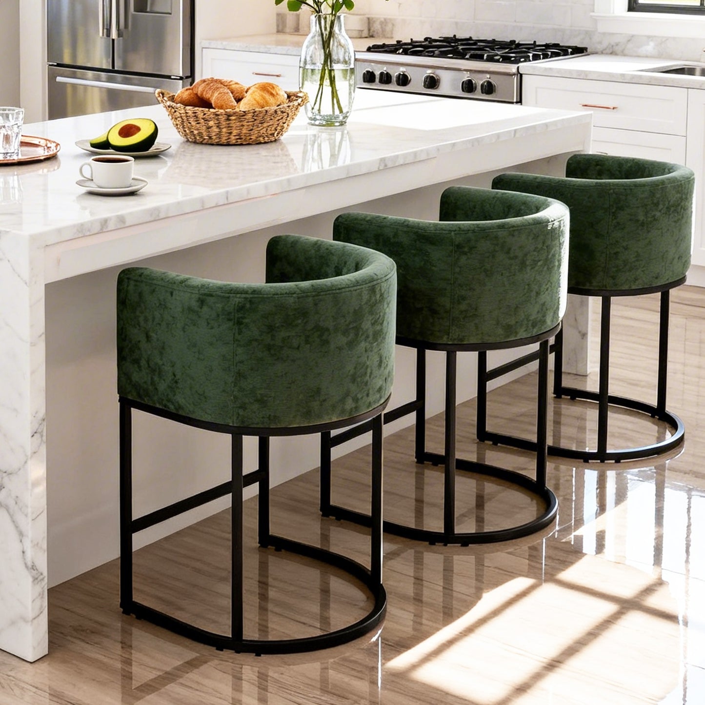 CRERIYO 26" Counter Height Bar Stools, Chenille Upholstered Modern Barrel Bar Chairs with Metal Frame