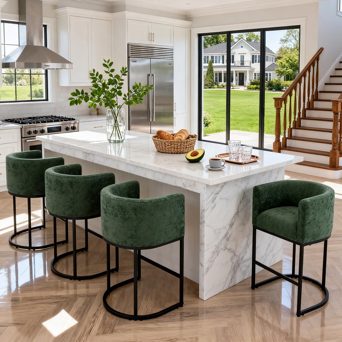 CRERIYO 26" Counter Height Bar Stools, Chenille Upholstered Modern Barrel Bar Chairs with Metal Frame