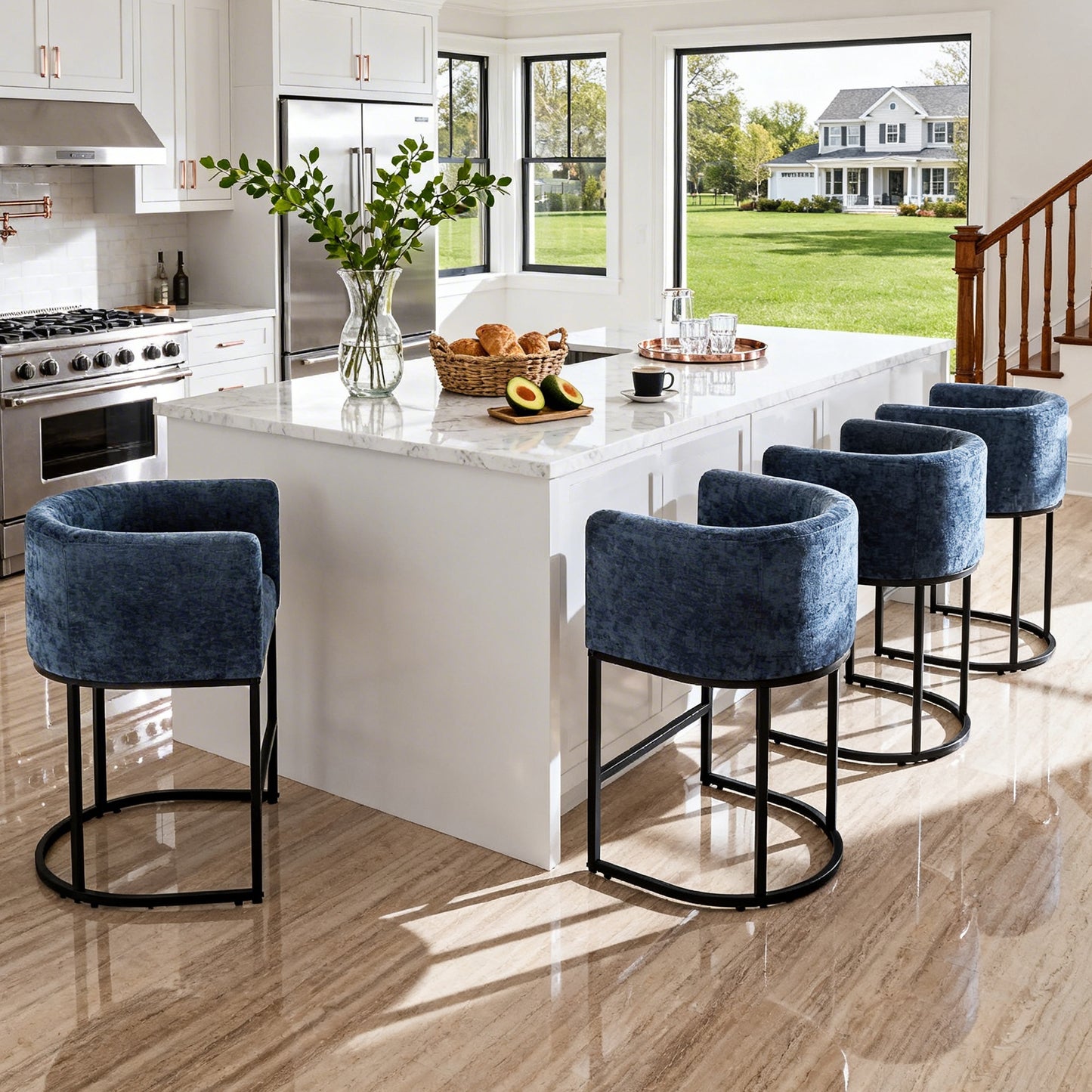 CRERIYO 26" Counter Height Bar Stools, Chenille Upholstered Modern Barrel Bar Chairs with Metal Frame