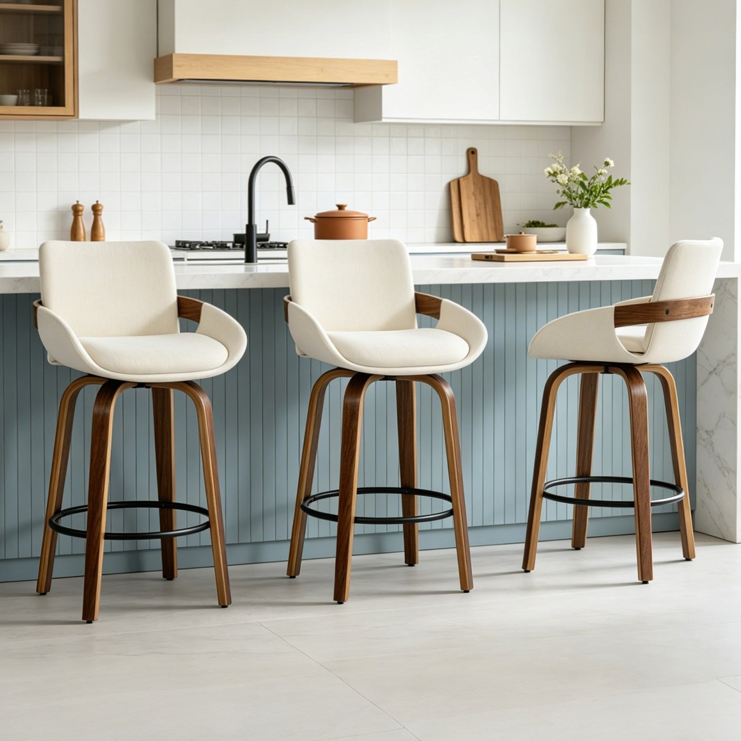 ClinQ Counter Height Swivel Bar Stools, Linen Fabric Upholstered 360° Rotating Chairs with Walnut Legs and Metal Footrest,