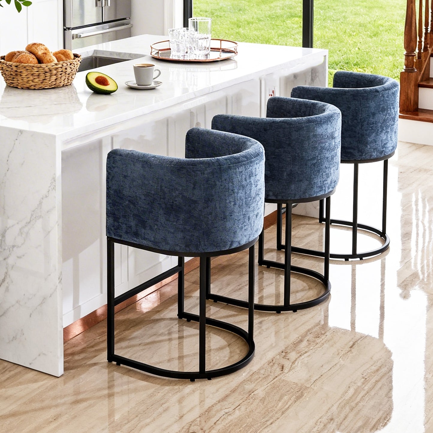 CRERIYO 26" Counter Height Bar Stools, Chenille Upholstered Modern Barrel Bar Chairs with Metal Frame