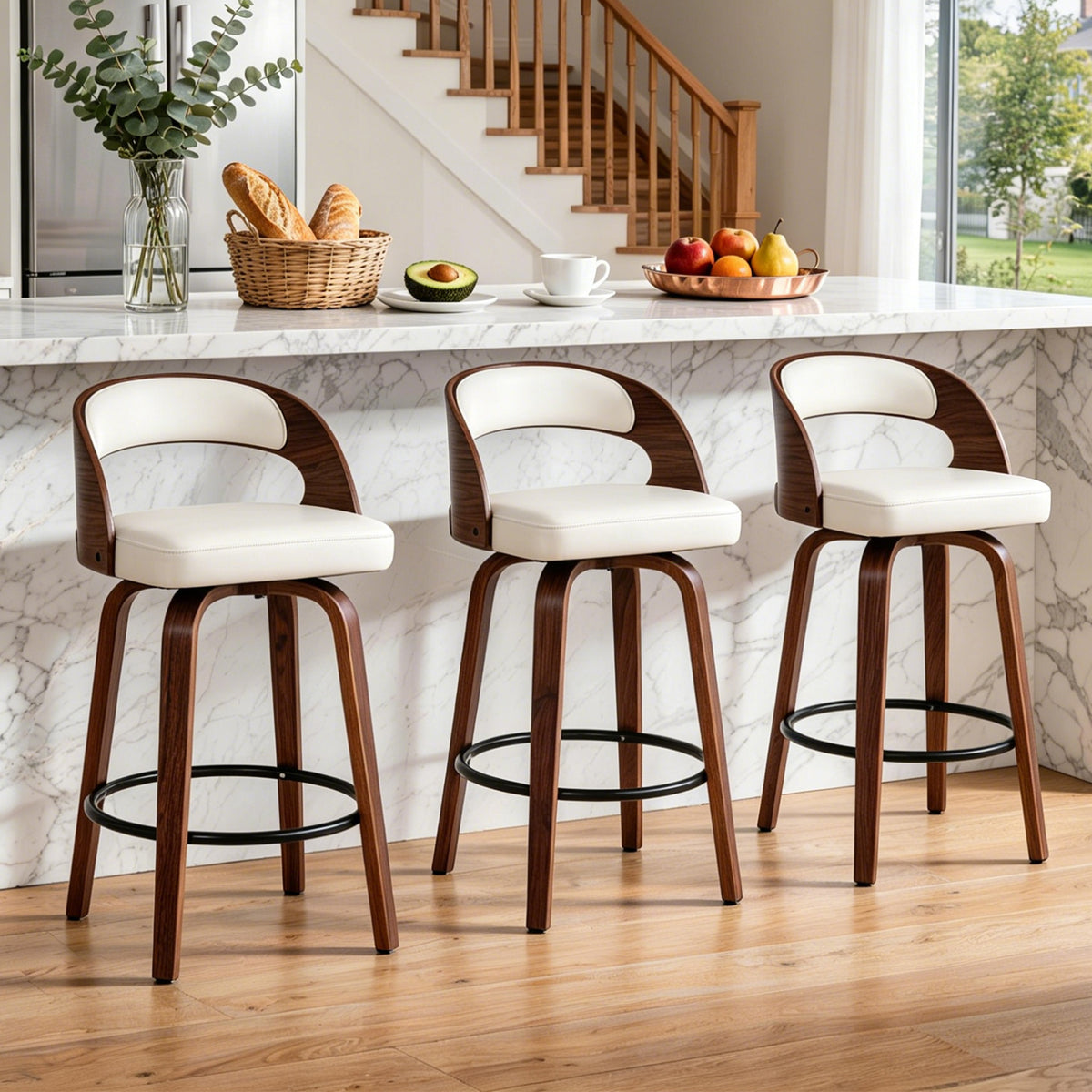 ClinQ Modern Walnut 360° Swivel Bar Stool Set of 3, Counter Height Kitchen Island Chair with Silver Footrest Ring,Upholstered Seat and Open Back