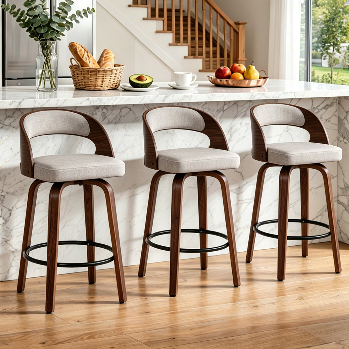 ClinQ Modern Walnut 360° Swivel Bar Stool Set of 3, Counter Height Kitchen Island Chair with Silver Footrest Ring,Upholstered Seat and Open Back