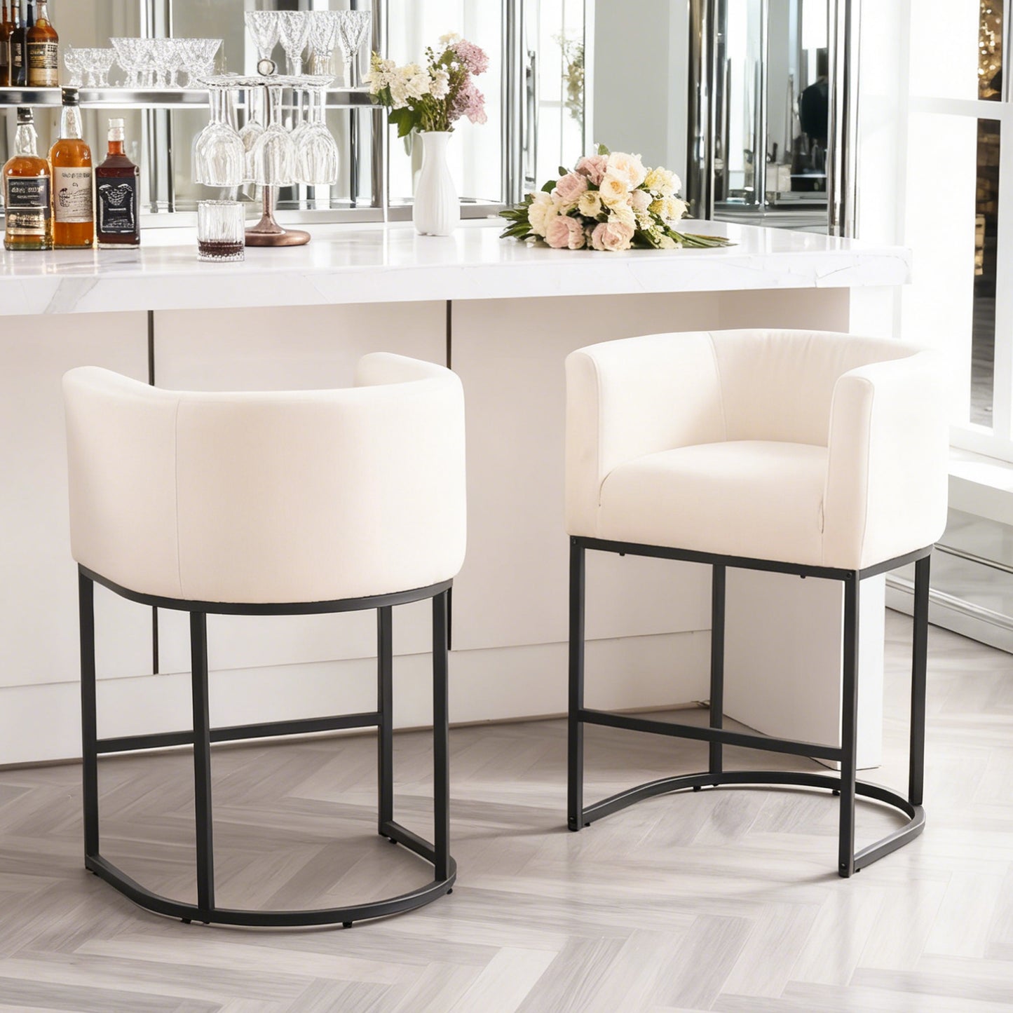 ClinQ Counter Height Bar Stool Set of 2, 26 in Fabric Upholstered Seat, Metal Legs for Indoor Dining Room and Kitchen Island