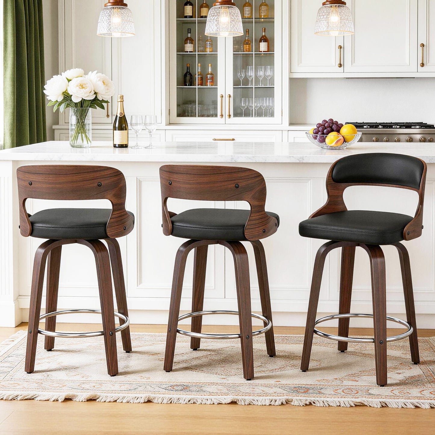27 inch Swivel Counter Height Bar Stools, PU Leather Seat with Bentwood Legs and Metal Silver Ring for Kitchen Island