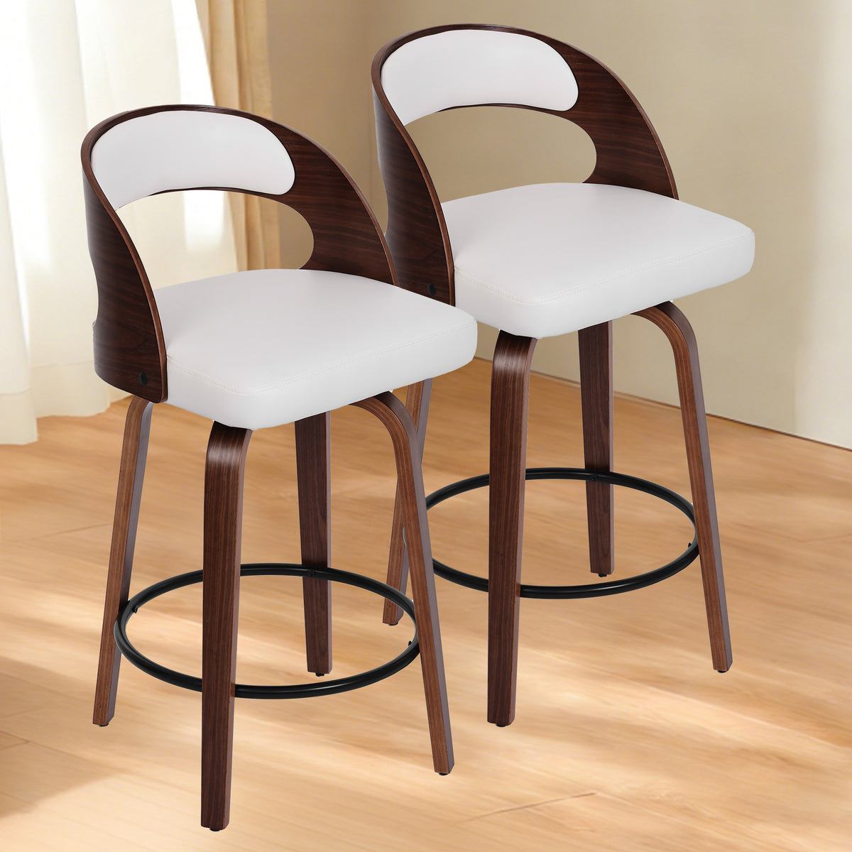 ClinQ Modern Walnut 360° Swivel Bar Stool Set of 3, Counter Height Kitchen Island Chair with Silver Footrest Ring,Upholstered Seat and Open Back
