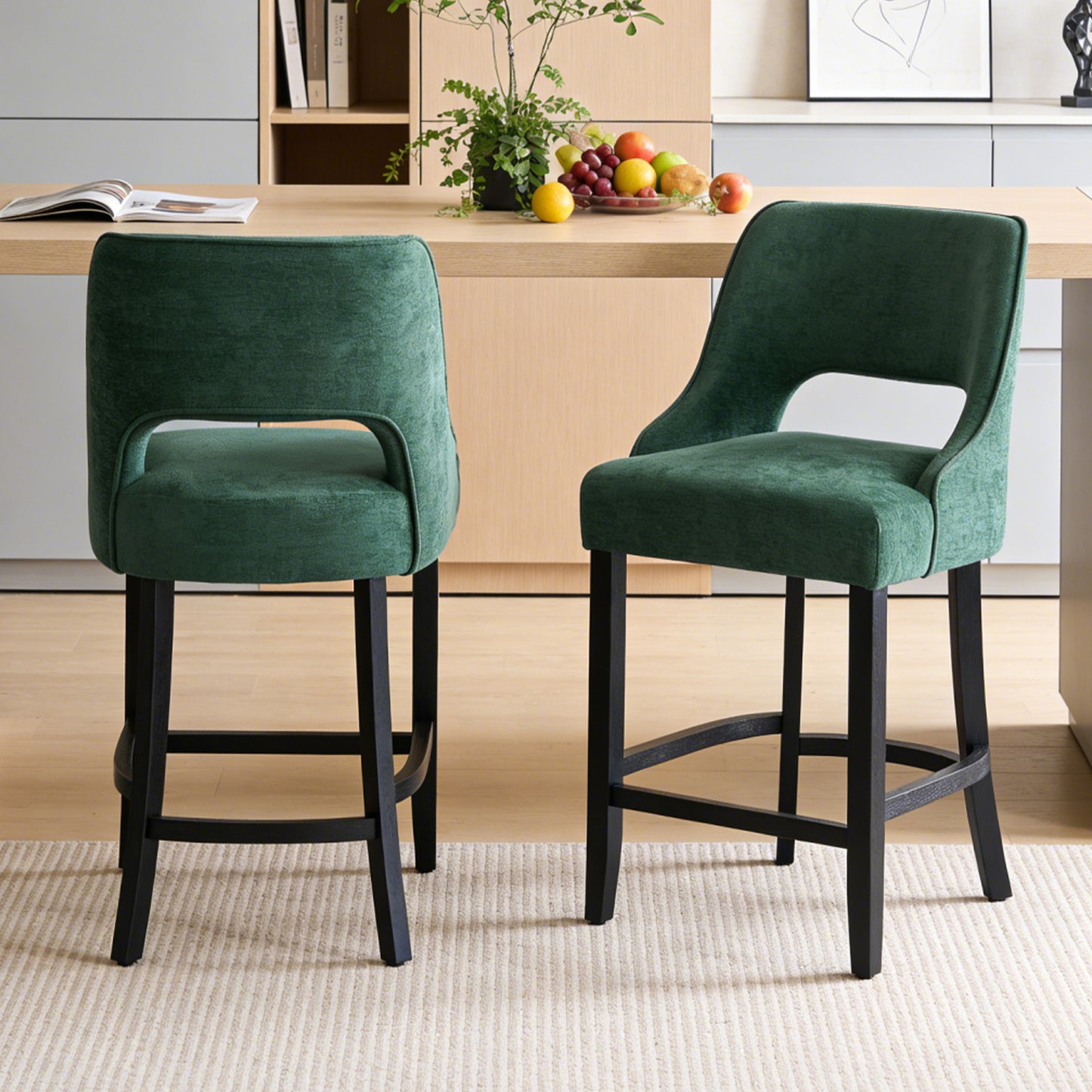 27" Counter Height Bar Stools,  Upholstered Bar Stools With Black Curved Footrest， Modern Counter Stools with Back for Kitchen Island