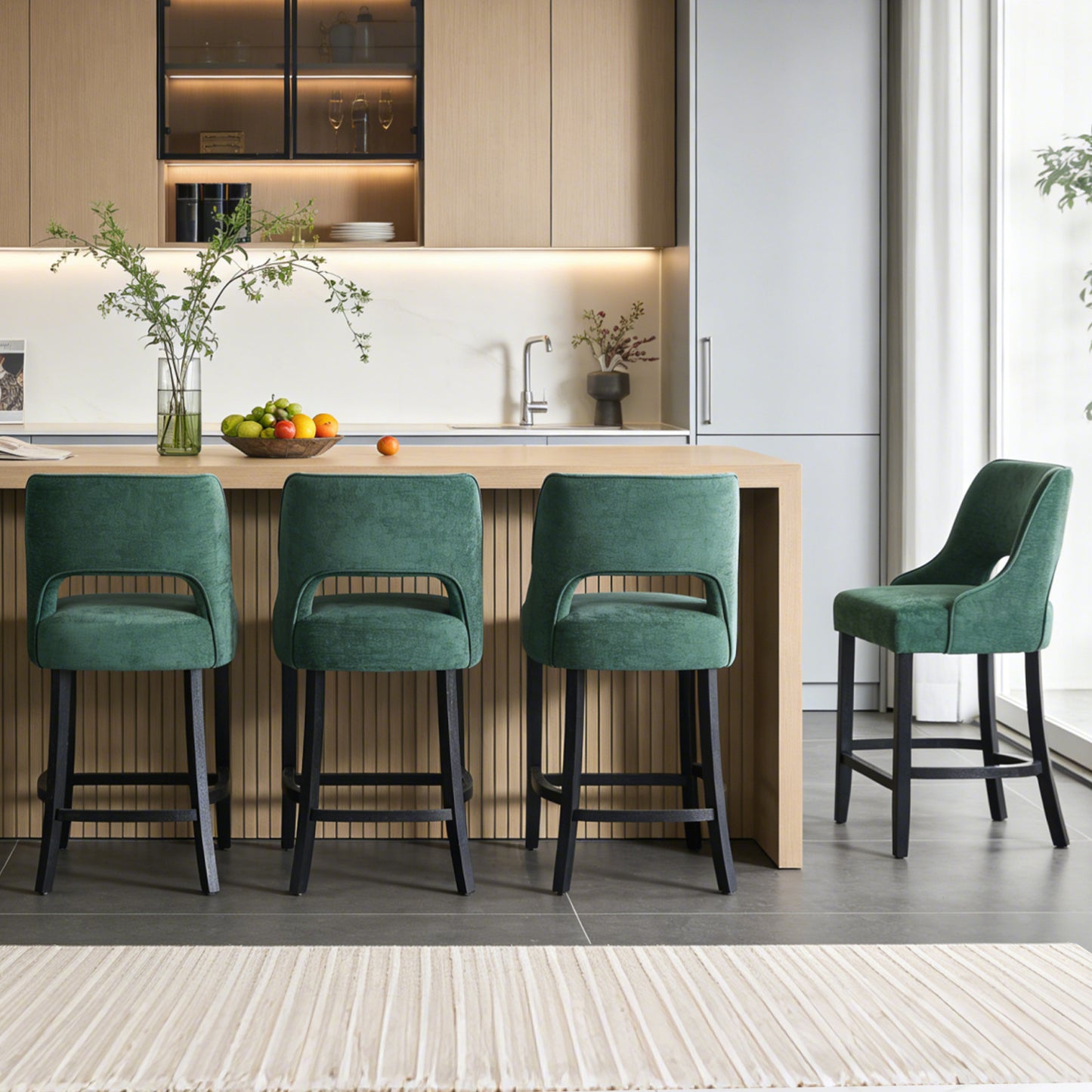 27" Counter Height Bar Stools,  Upholstered Bar Stools With Black Curved Footrest， Modern Counter Stools with Back for Kitchen Island