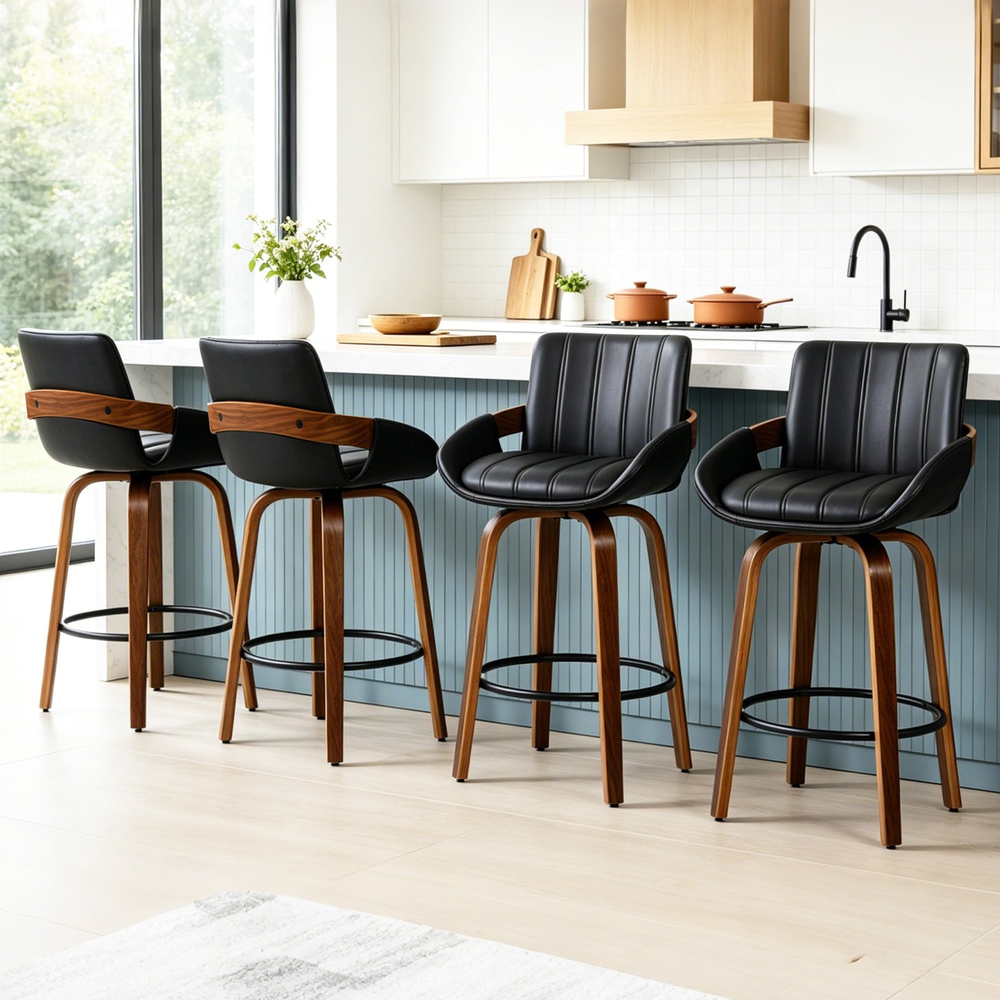 ClinQ Counter Height Swivel Bar Stools, Linen Fabric Upholstered 360° Rotating Chairs with Walnut Legs and Metal Footrest,