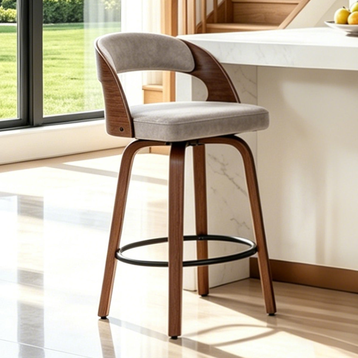 ClinQ Modern Walnut 360° Swivel Bar Stool Set of 3, Counter Height Kitchen Island Chair with Silver Footrest Ring,Upholstered Seat and Open Back