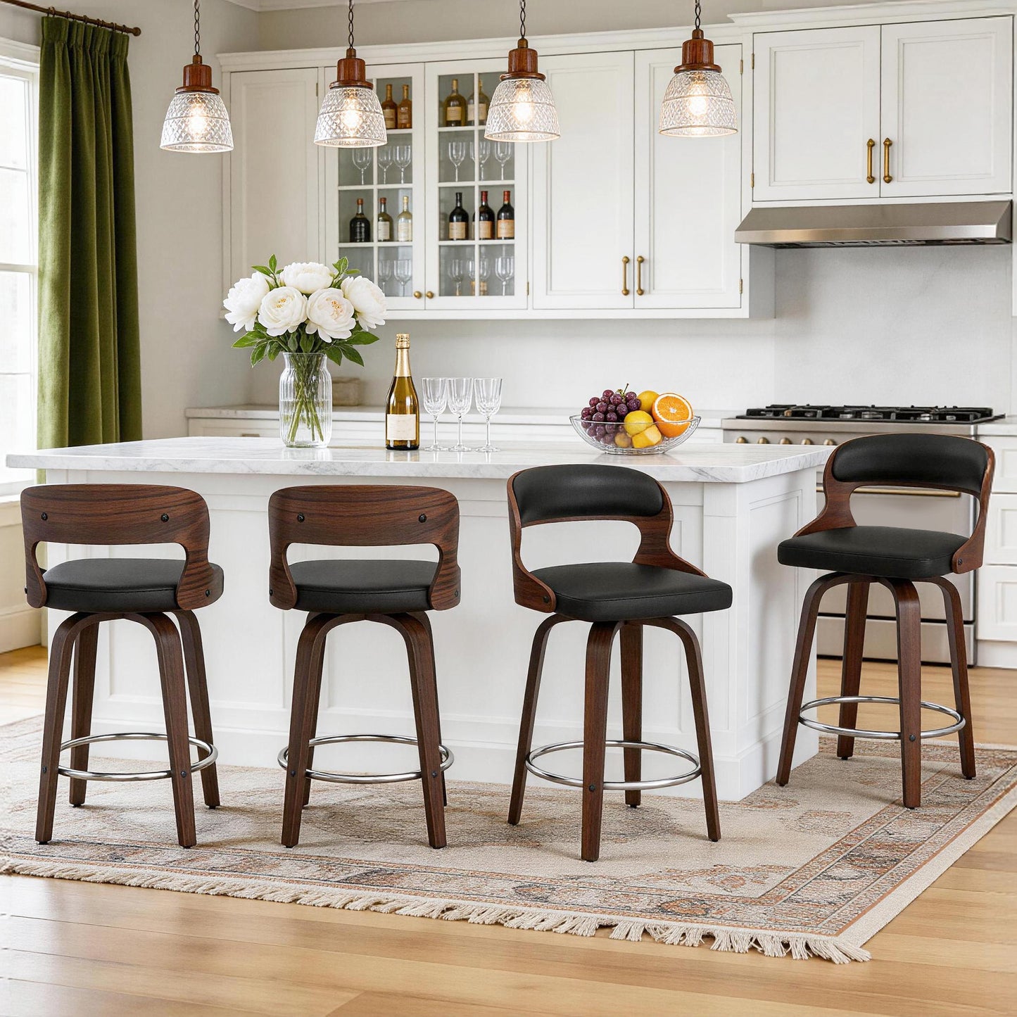 27 inch Swivel Counter Height Bar Stools, PU Leather Seat with Bentwood Legs and Metal Silver Ring for Kitchen Island