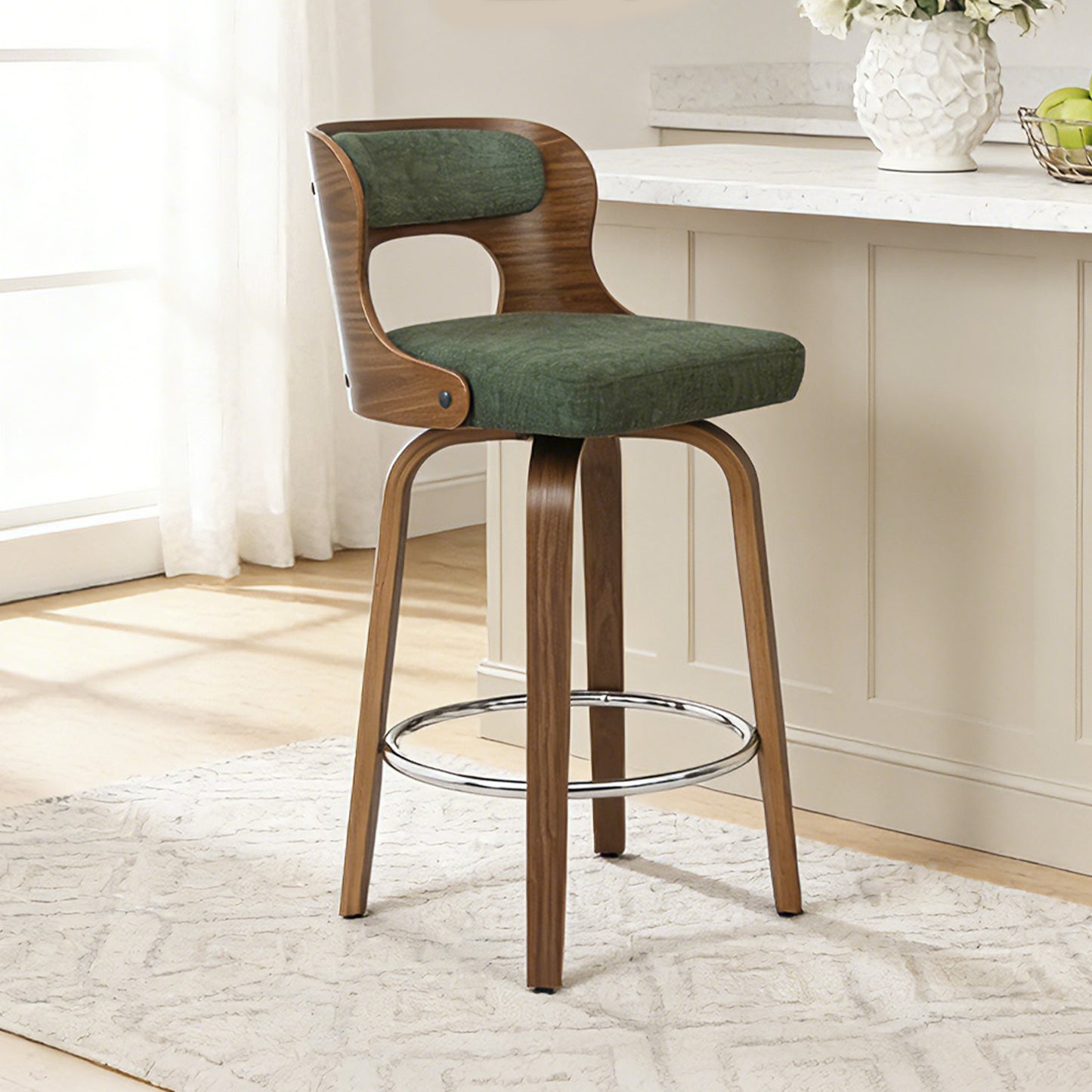 27 inch Swivel Counter Height Bar Stools, PU Leather Seat with Bentwood Legs and Metal Silver Ring for Kitchen Island