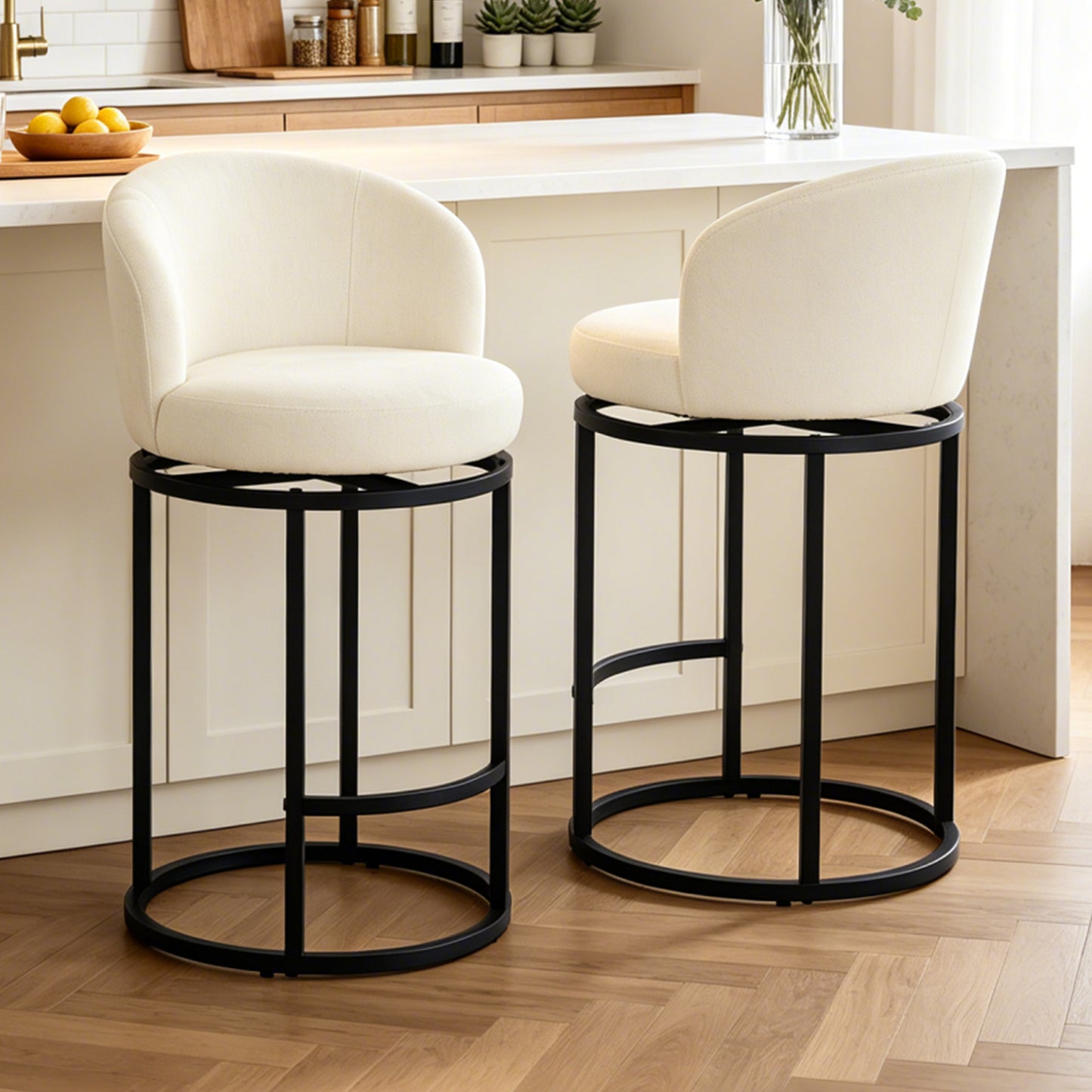 ClinQ Swivel Counter Height Bar Stools , Fabric Upholstered Barrel Bar Chairs with Auto Return, Curved Back and Black Metal Frame