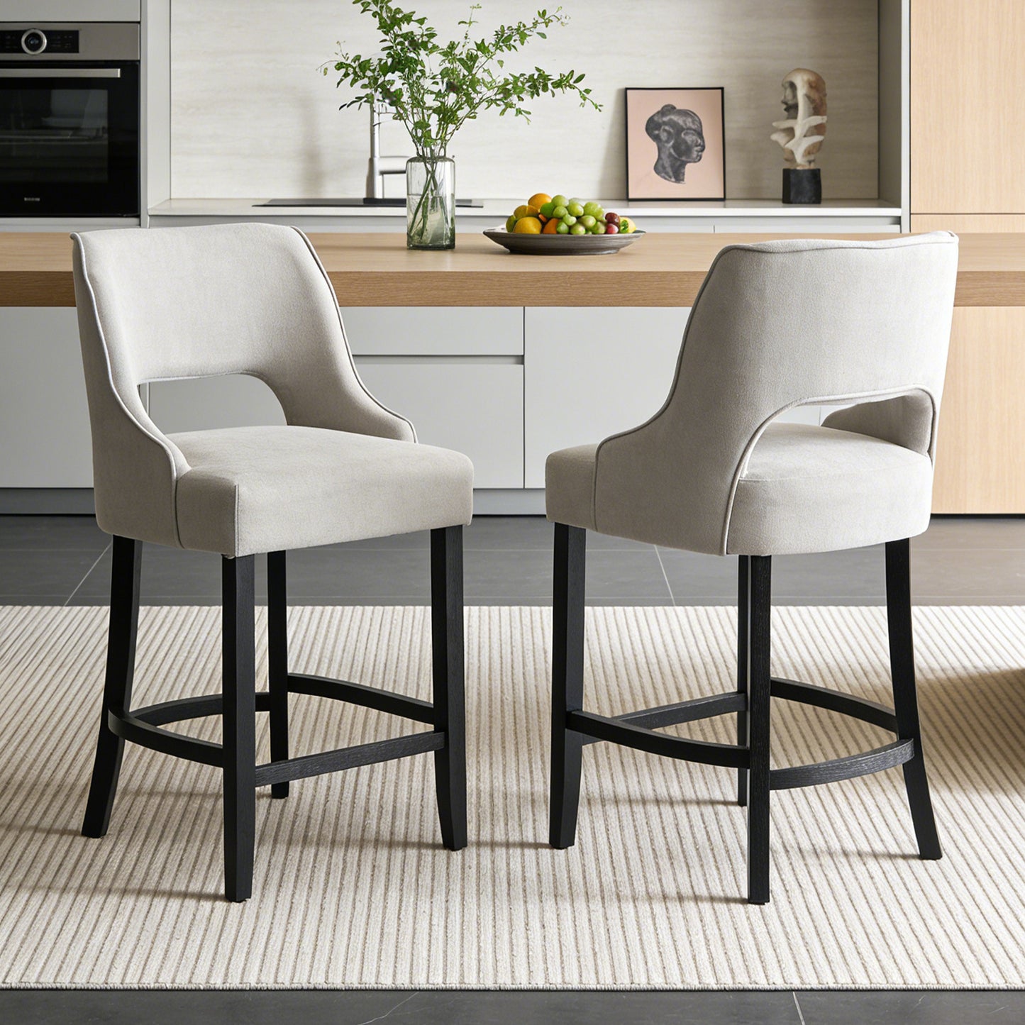 27" Counter Height Bar Stools,  Upholstered Bar Stools With Black Curved Footrest， Modern Counter Stools with Back for Kitchen Island