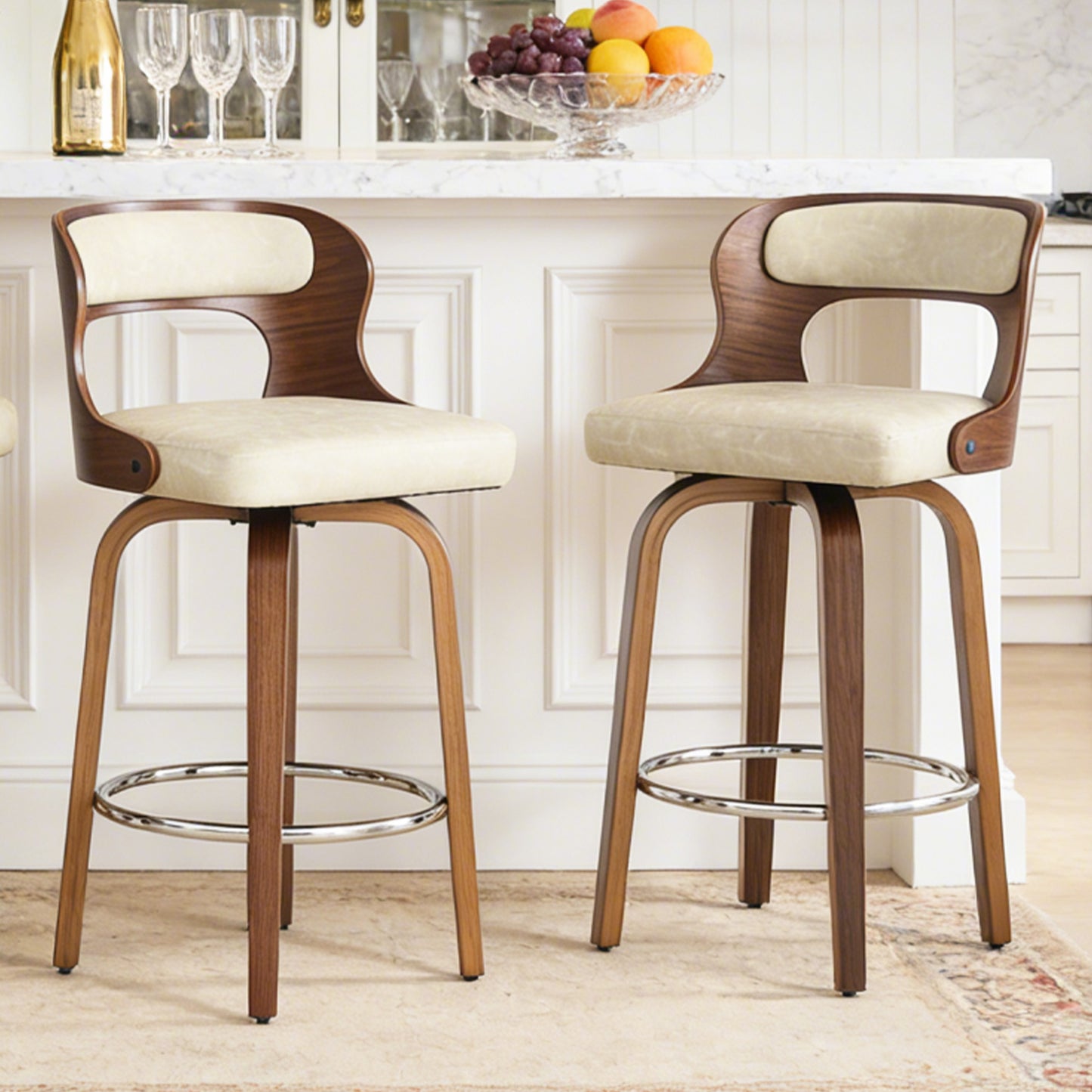 27 inch Swivel Counter Height Bar Stools, PU Leather Seat with Bentwood Legs and Metal Silver Ring for Kitchen Island