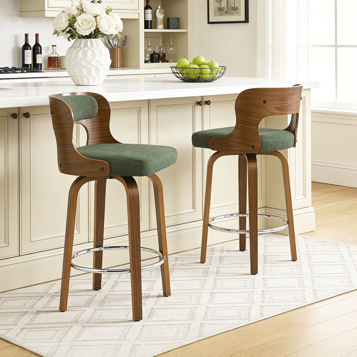 27 inch Swivel Counter Height Bar Stools, PU Leather Seat with Bentwood Legs and Metal Silver Ring for Kitchen Island