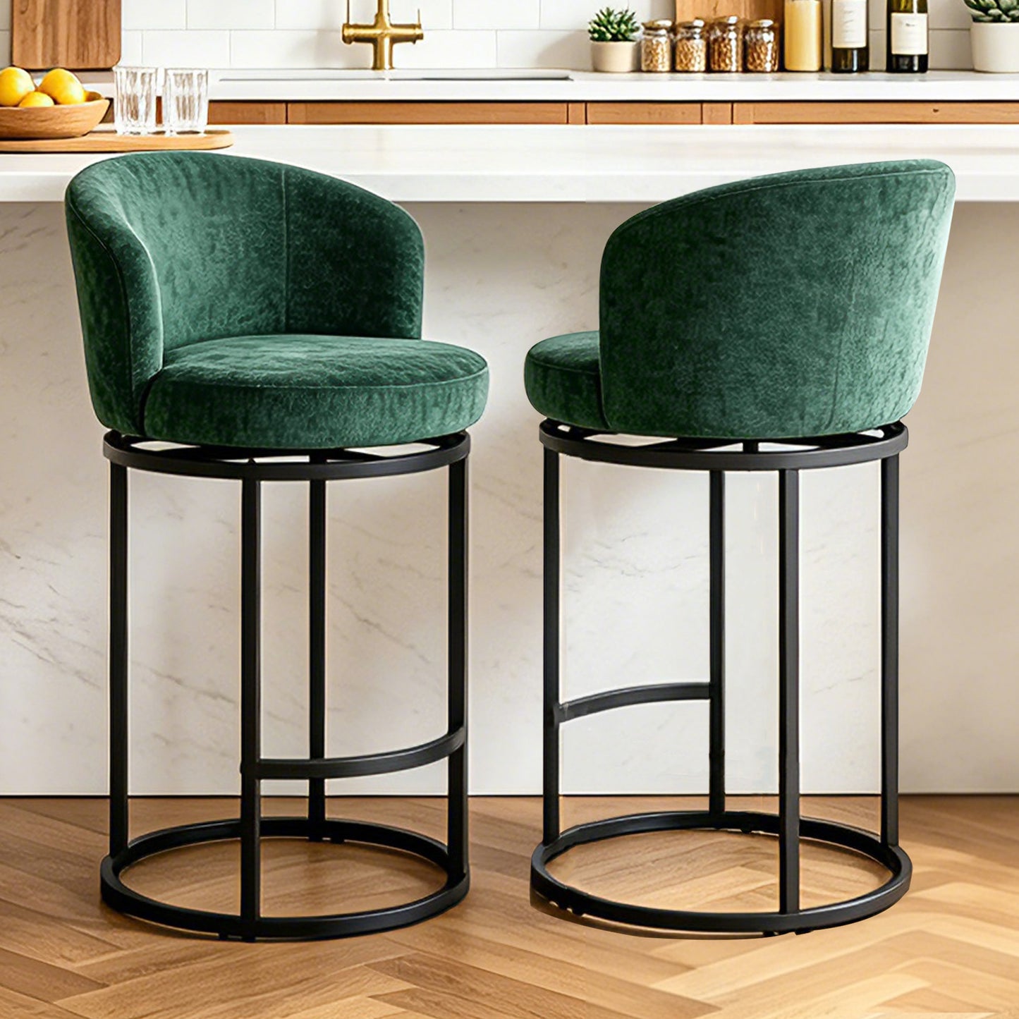 ClinQ Swivel Counter Height Bar Stools , Fabric Upholstered Barrel Bar Chairs with Auto Return, Curved Back and Black Metal Frame