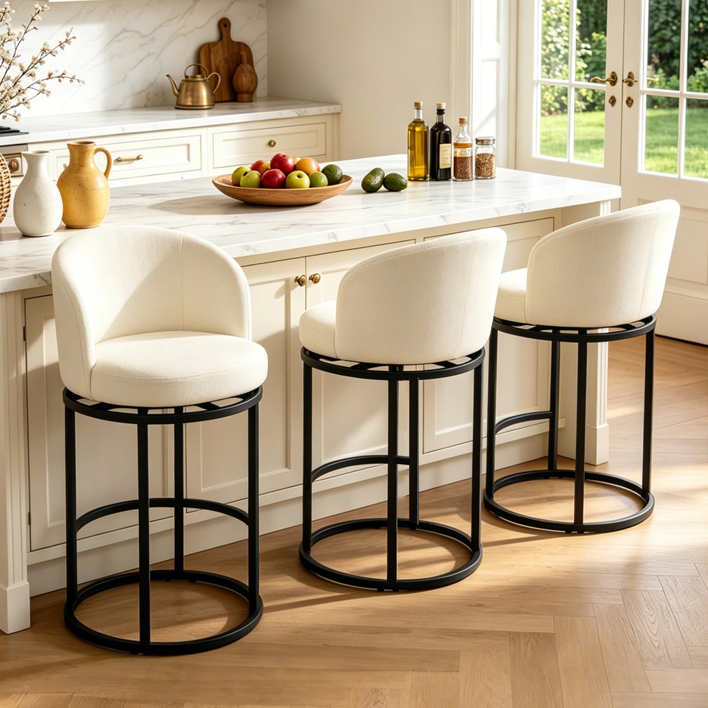 27" Counter Height Bar Stools, Fabric Upholstered Swivel Barrel Bar Chairs with 90° Auto Return and Metal Frame, Black