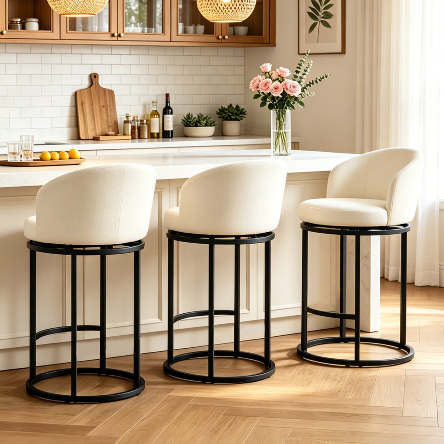 ClinQ Swivel Counter Height Bar Stools , Fabric Upholstered Barrel Bar Chairs with Auto Return, Curved Back and Black Metal Frame