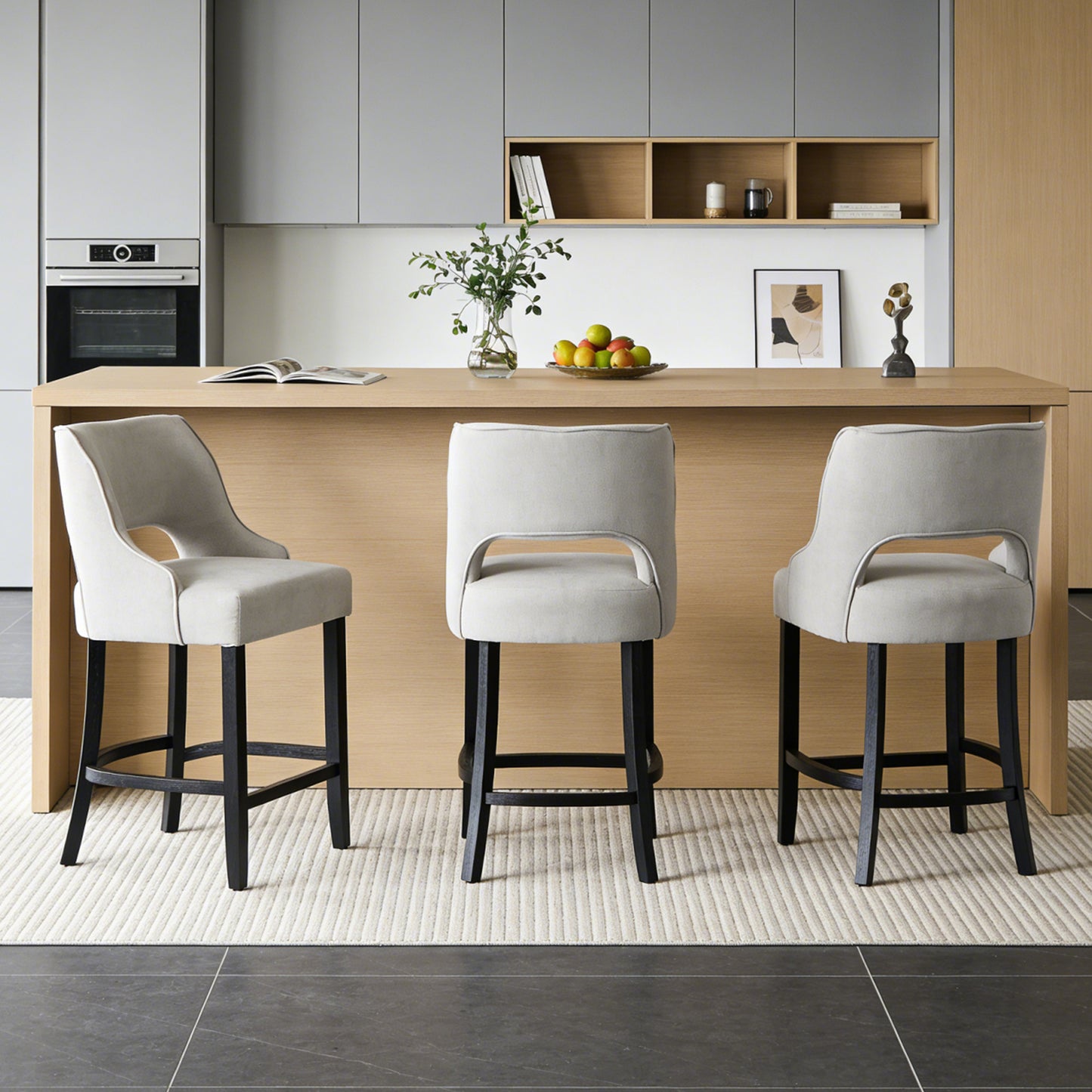 27" Counter Height Bar Stools,  Upholstered Bar Stools With Black Curved Footrest， Modern Counter Stools with Back for Kitchen Island