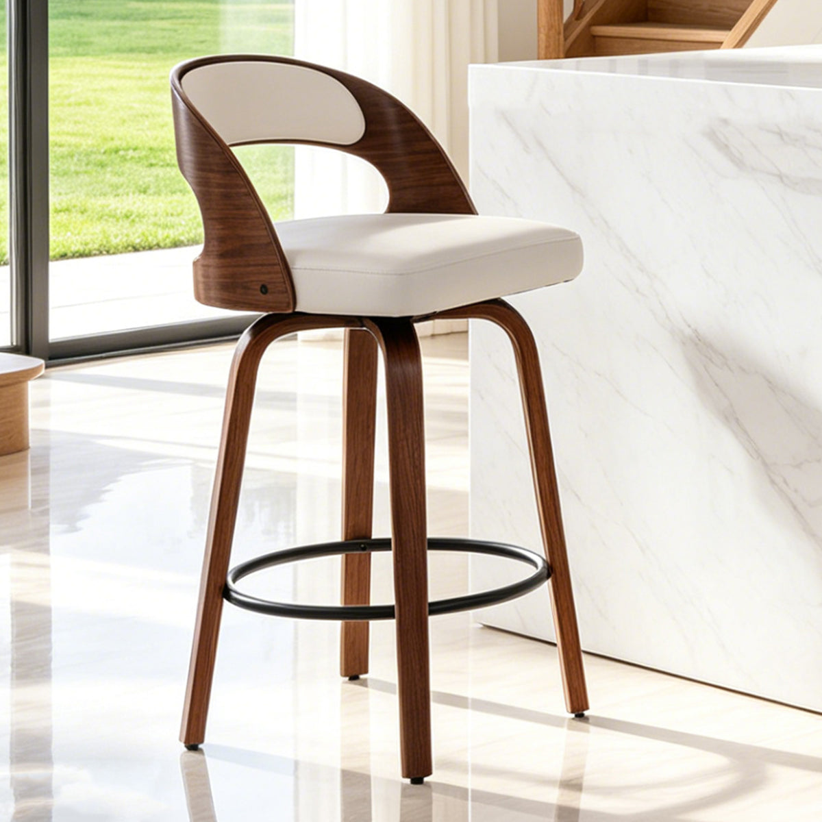 ClinQ Modern Walnut 360° Swivel Bar Stool Set of 3, Counter Height Kitchen Island Chair with Silver Footrest Ring,Upholstered Seat and Open Back