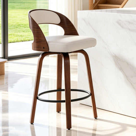 ClinQ Modern Walnut 360° Swivel Bar Stool Set of 3, Counter Height Kitchen Island Chair with Silver Footrest Ring,Upholstered Seat and Open Back
