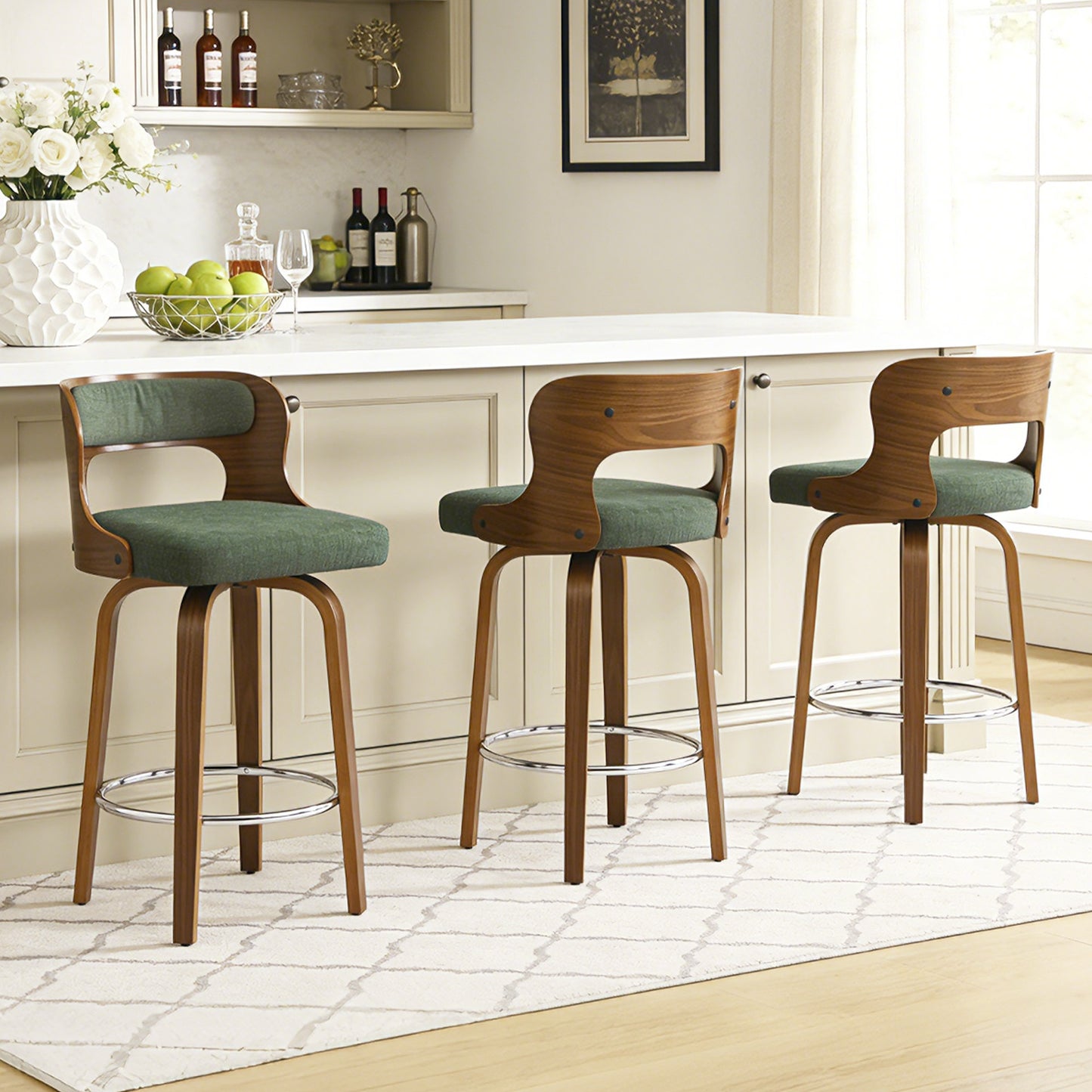 27 inch Swivel Counter Height Bar Stools, PU Leather Seat with Bentwood Legs and Metal Silver Ring for Kitchen Island