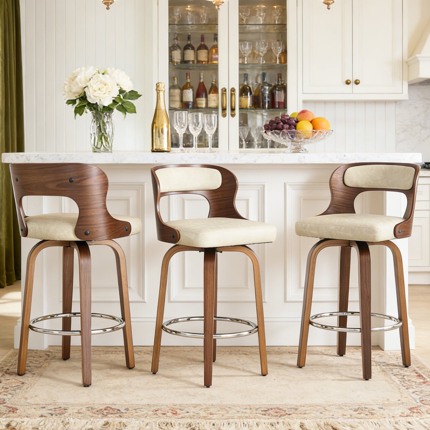 27 inch Swivel Counter Height Bar Stools, PU Leather Seat with Bentwood Legs and Metal Silver Ring for Kitchen Island