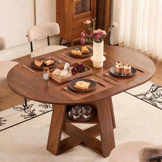 CRERIYO 43.3"-59" Extendable Dining Table, Round to Oval Design for 4-8 People, Wood Base with Storage Shelf and Removable Leaves, Walnut
