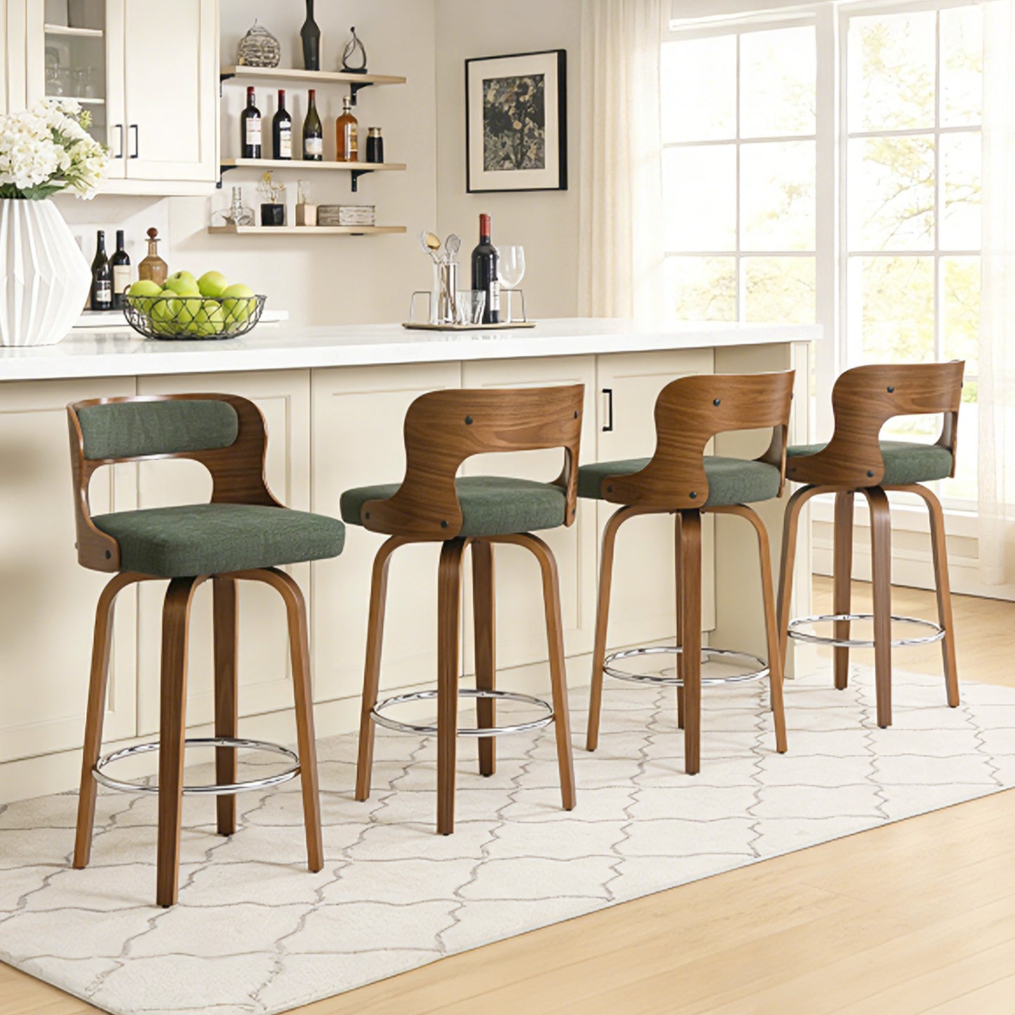 27 inch Swivel Counter Height Bar Stools, PU Leather Seat with Bentwood Legs and Metal Silver Ring for Kitchen Island