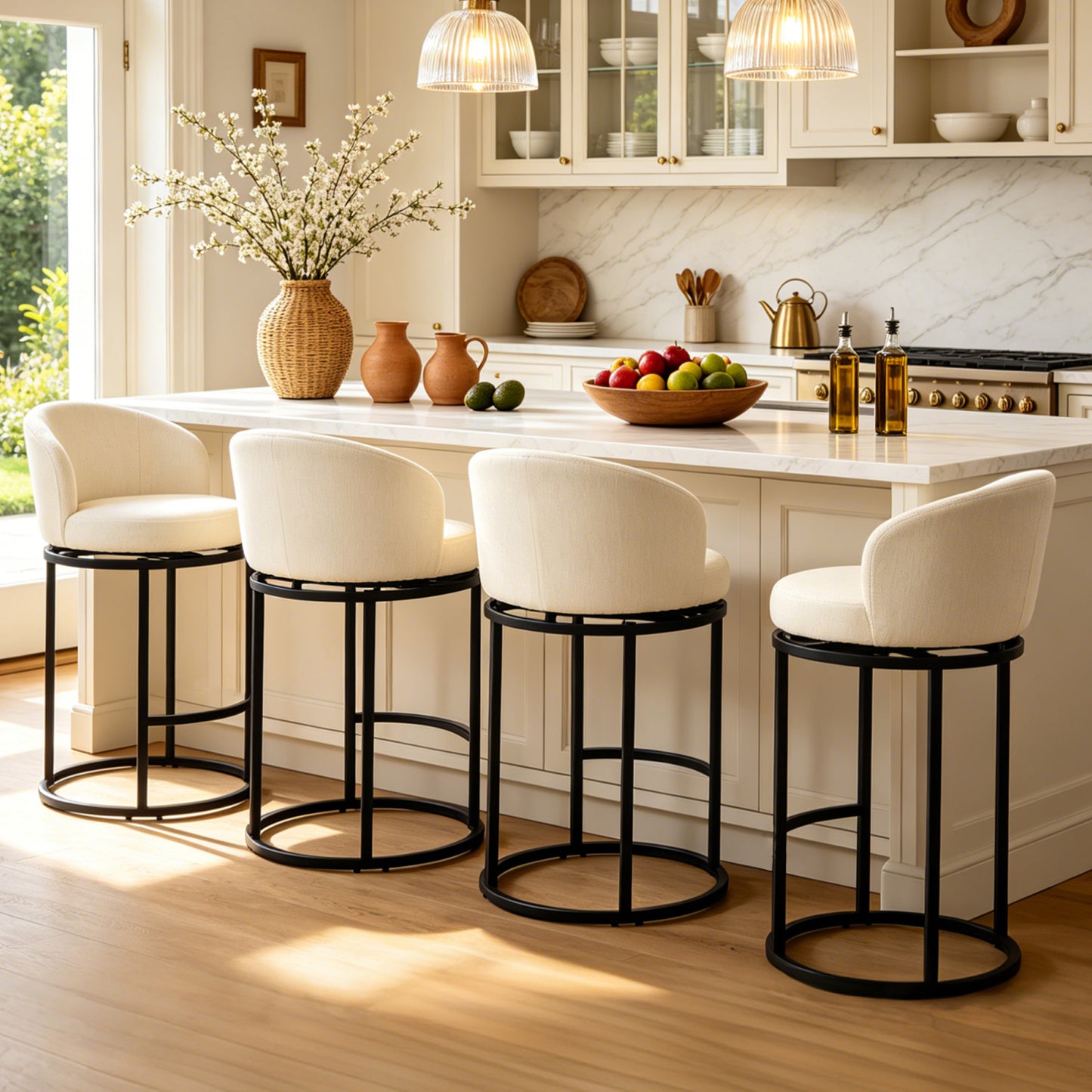 27" Counter Height Bar Stools, Fabric Upholstered Swivel Barrel Bar Chairs with 90° Auto Return and Metal Frame, Black