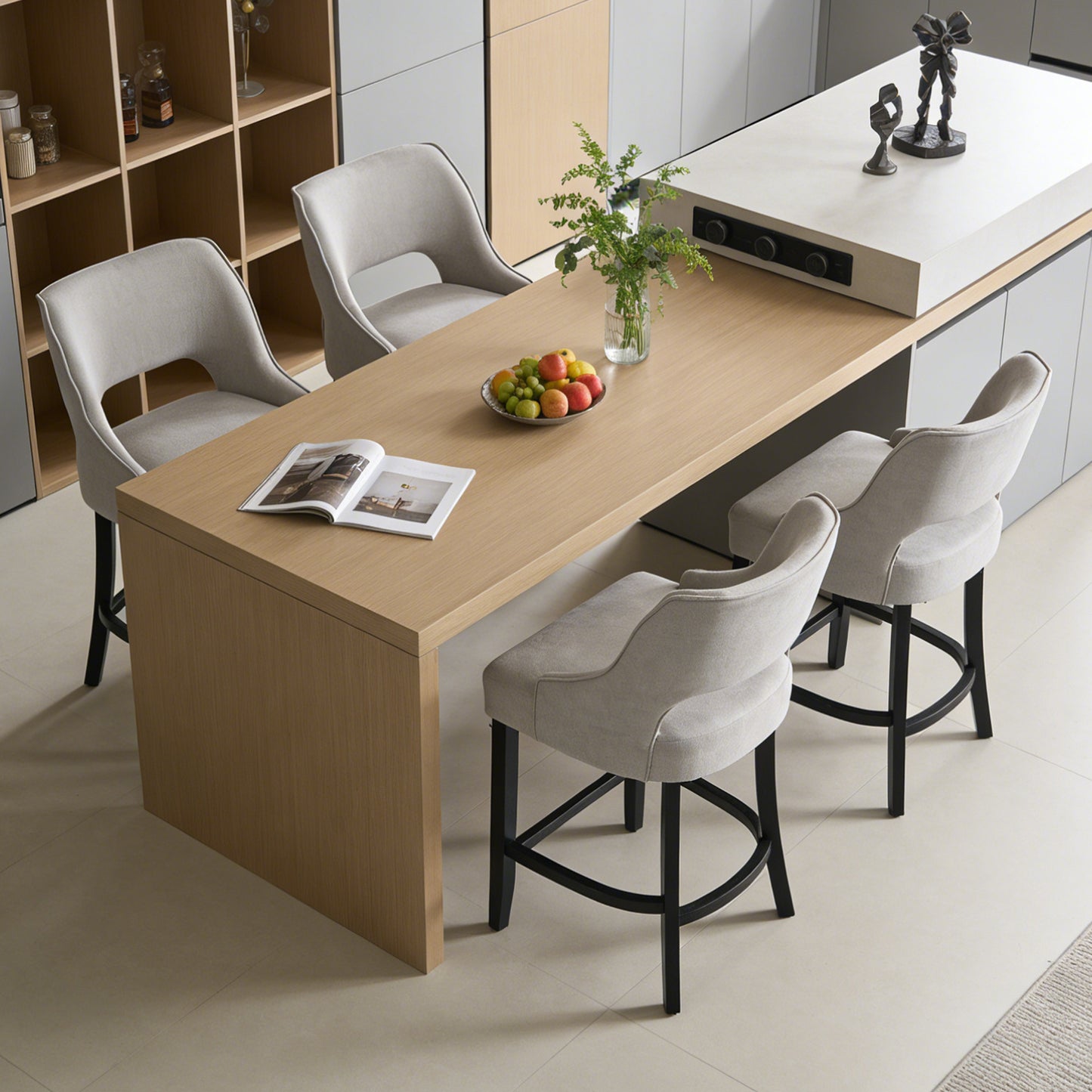 27" Counter Height Bar Stools,  Upholstered Bar Stools With Black Curved Footrest， Modern Counter Stools with Back for Kitchen Island