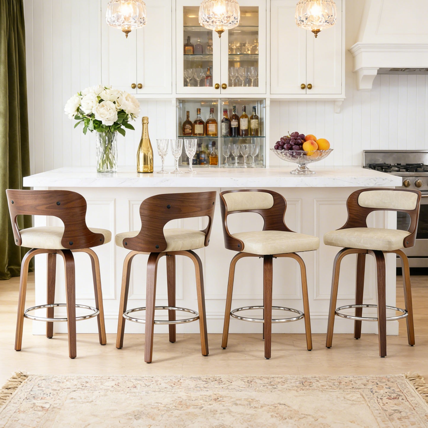 27 inch Swivel Counter Height Bar Stools, PU Leather Seat with Bentwood Legs and Metal Silver Ring for Kitchen Island