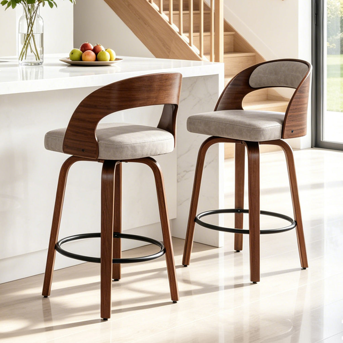 ClinQ Modern Walnut 360° Swivel Bar Stool Set of 3, Counter Height Kitchen Island Chair with Silver Footrest Ring,Upholstered Seat and Open Back